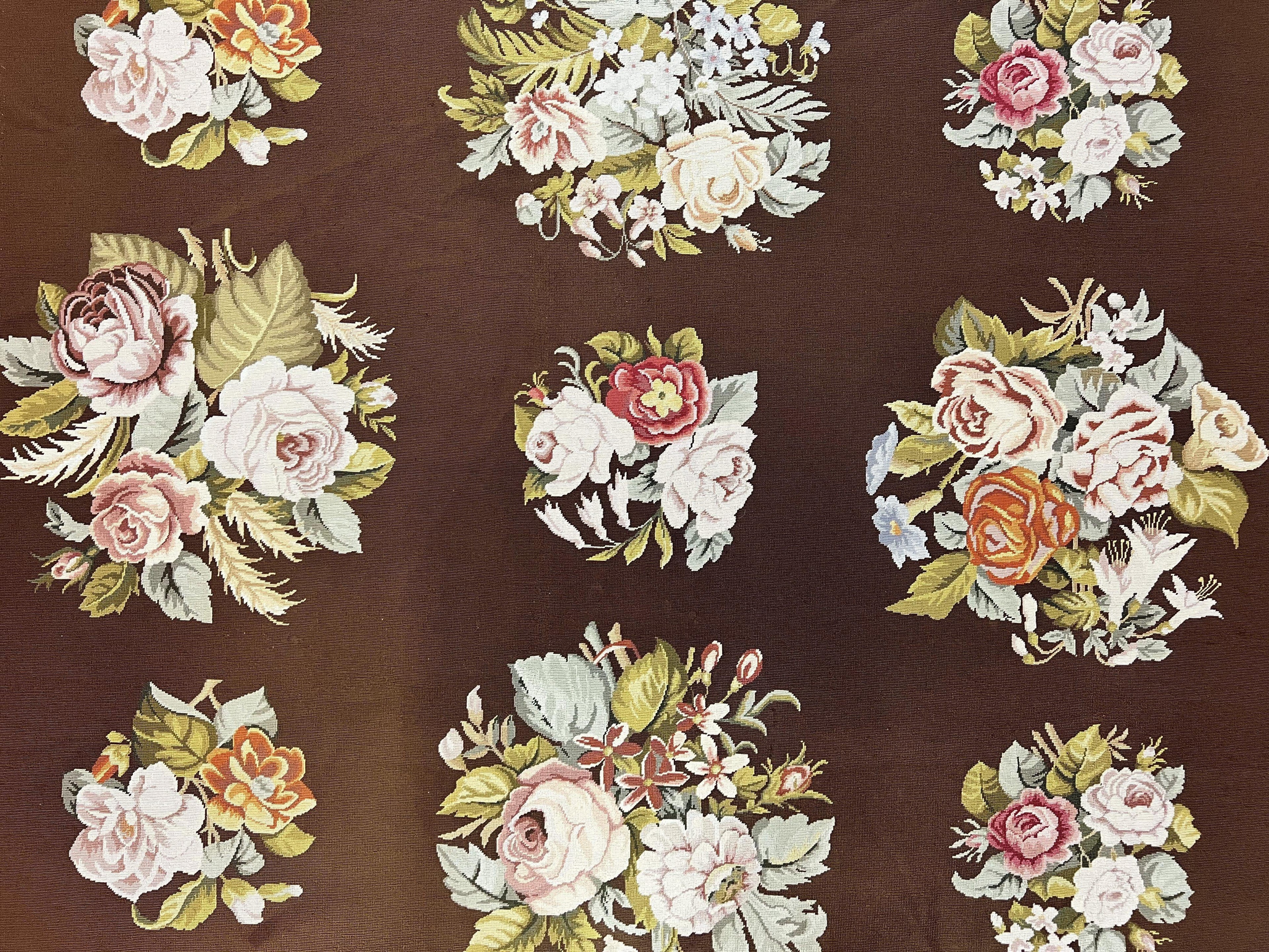 Vintage Needlepoint Rug 9x12, Large Handmade Hand-woven Needlepoint Carpet, Brown Area Rug, Floral Bouquets, Wool Rug, European Design