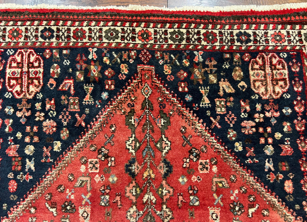 Persian Tribal Rug 3.6 x 5 ft, Persian Abadeh Rug, Geometric Medallion Bird Motifs, Red and Navy Blue Hand Knotted Handmade Wool Vintage Oriental Carpet