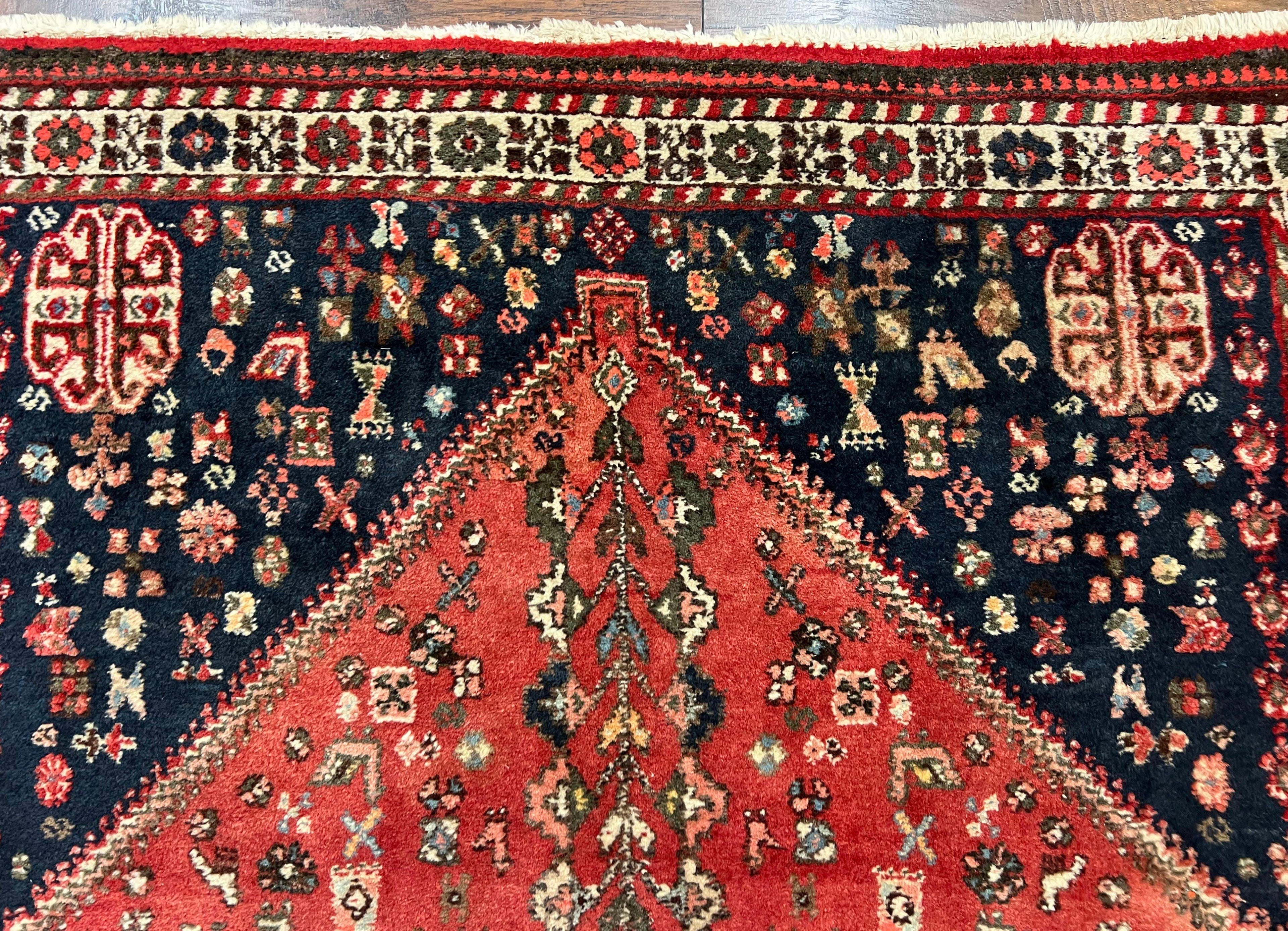 Persian Tribal Rug 3.6 x 5 ft, Persian Abadeh Rug, Geometric Medallion Bird Motifs, Red and Navy Blue Hand Knotted Handmade Wool Vintage Oriental Carpet