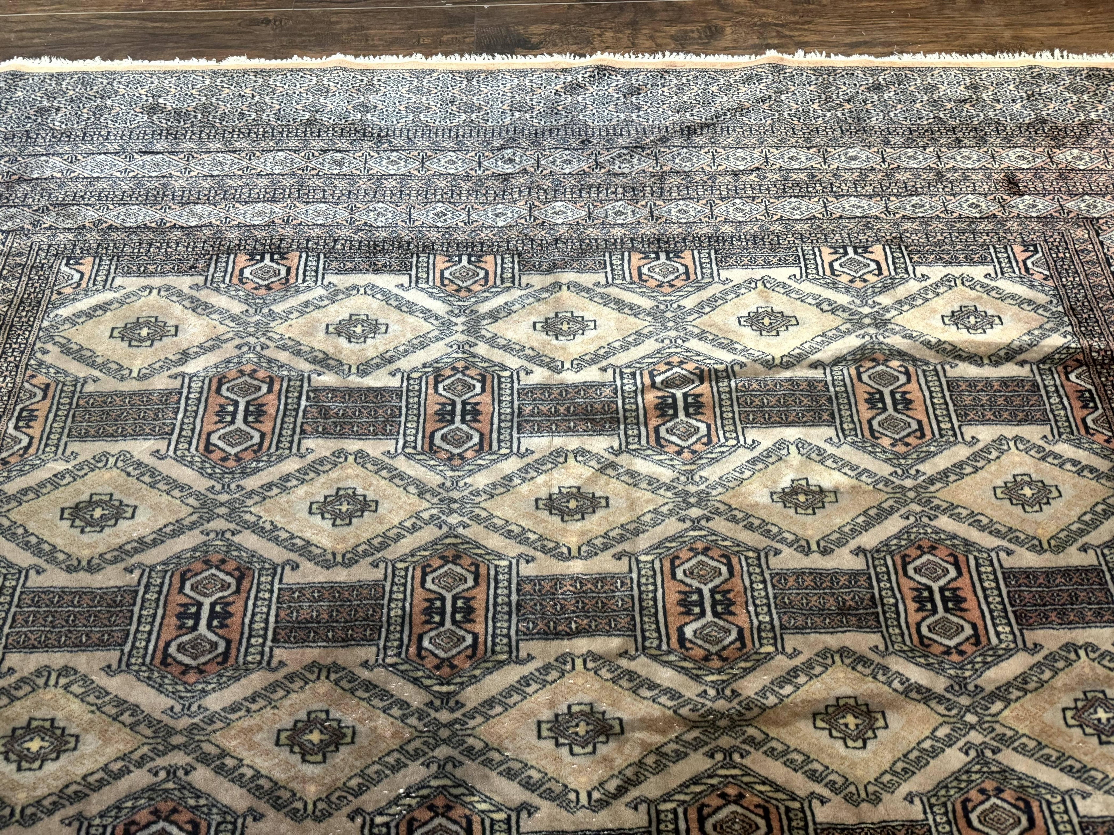 Turkoman Bokhara Rug 8x11, Camel Hair Color, Handmade Vintage Wool Pakistani Carpet