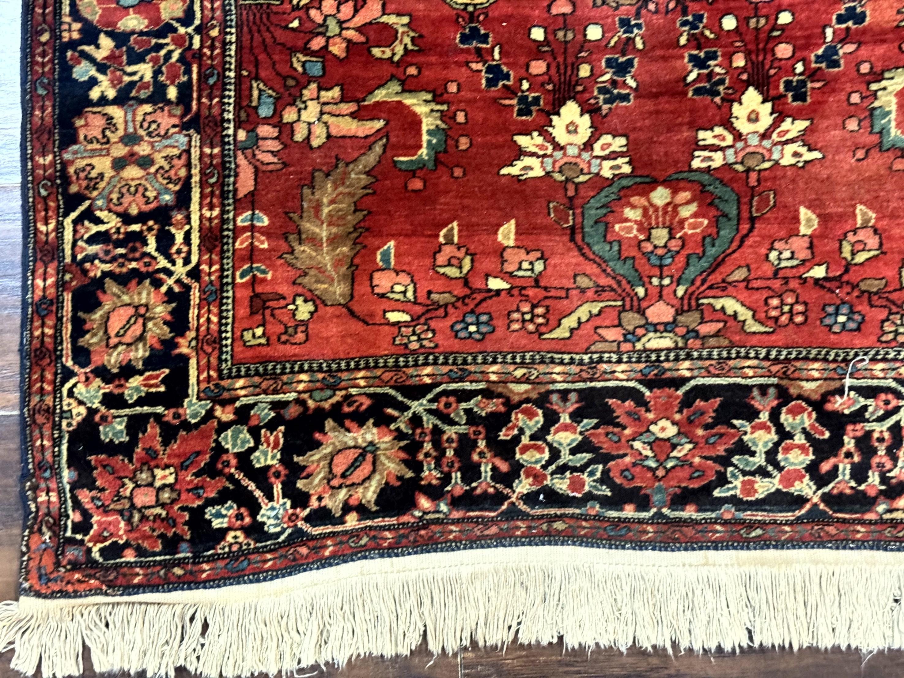 Antique Persian Farahan Sarouk Rug 3.6 x 5, Red, Floral, Traditional Rug, Fine 210 KPSI