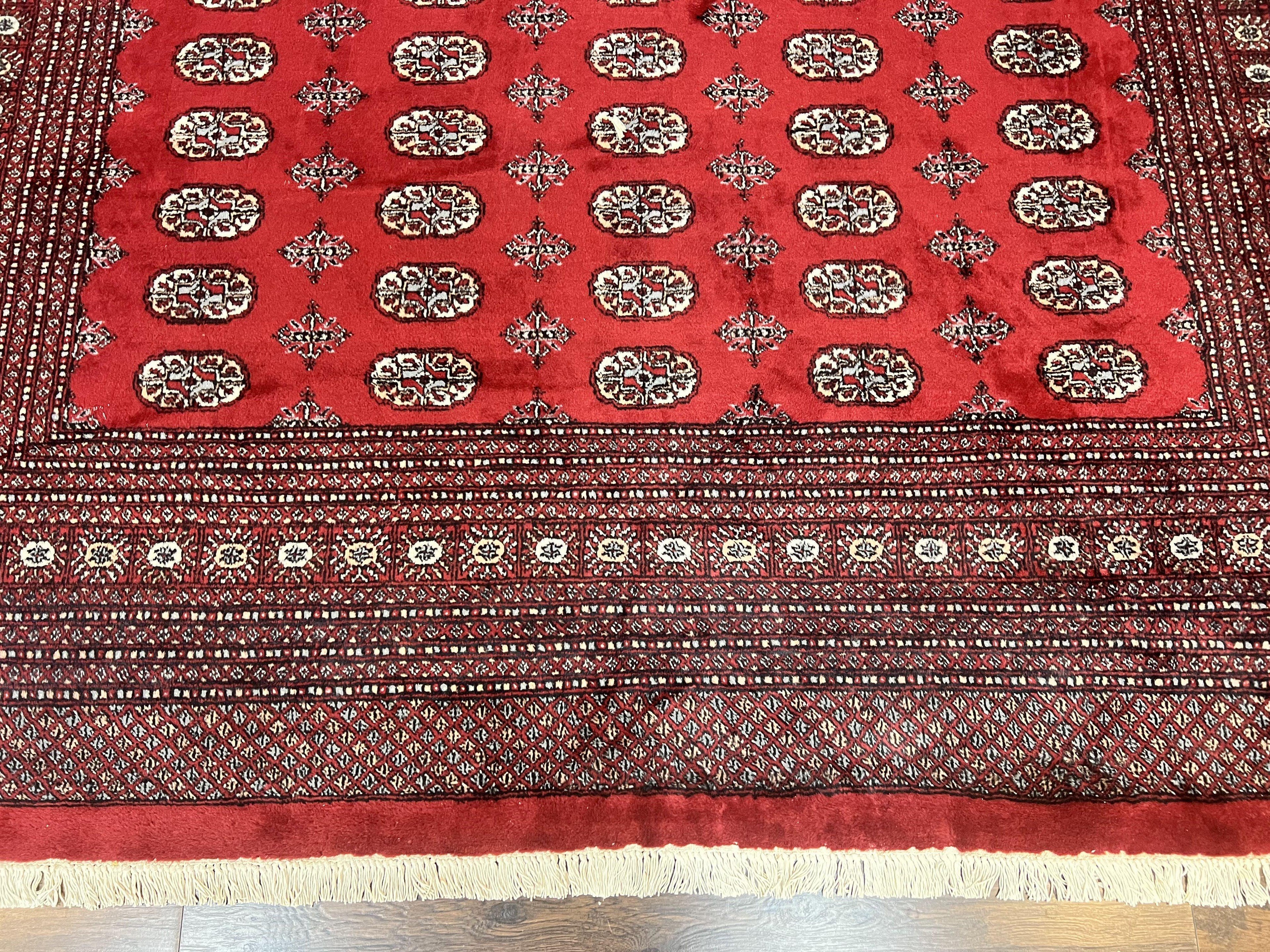 Turkoman Rug 8 x 11.6, Red Bokhara Pakistani Carpet, Wool Handmade Vintage Rug