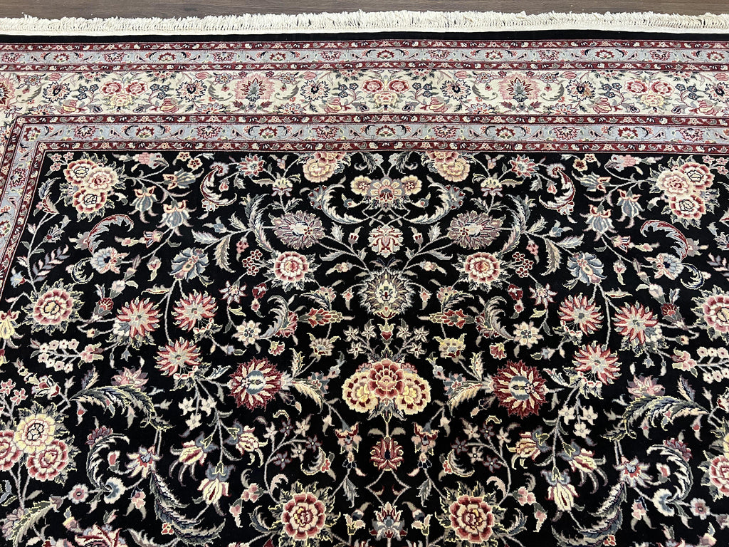 Pak Persian Rug 9x12, Floral Allover, Hand Knotted Oriental Carpet 9 x 12 ft, Black and Cream, Detailed, Wool with Silk Highlights, Vintage
