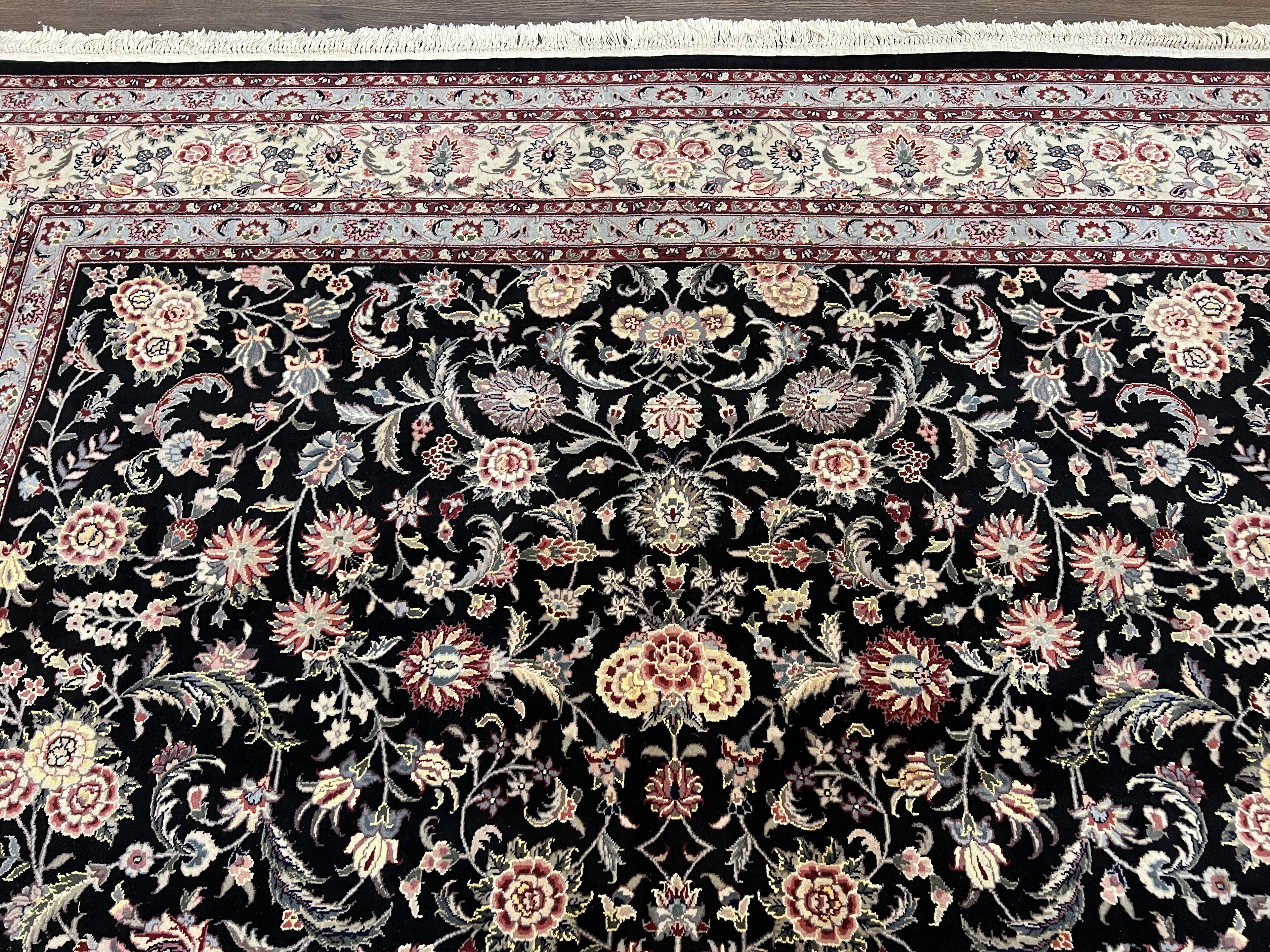 Pak Persian Rug 9x12, Floral Allover, Hand Knotted Oriental Carpet 9 x 12 ft, Black and Cream, Detailed, Wool with Silk Highlights, Vintage
