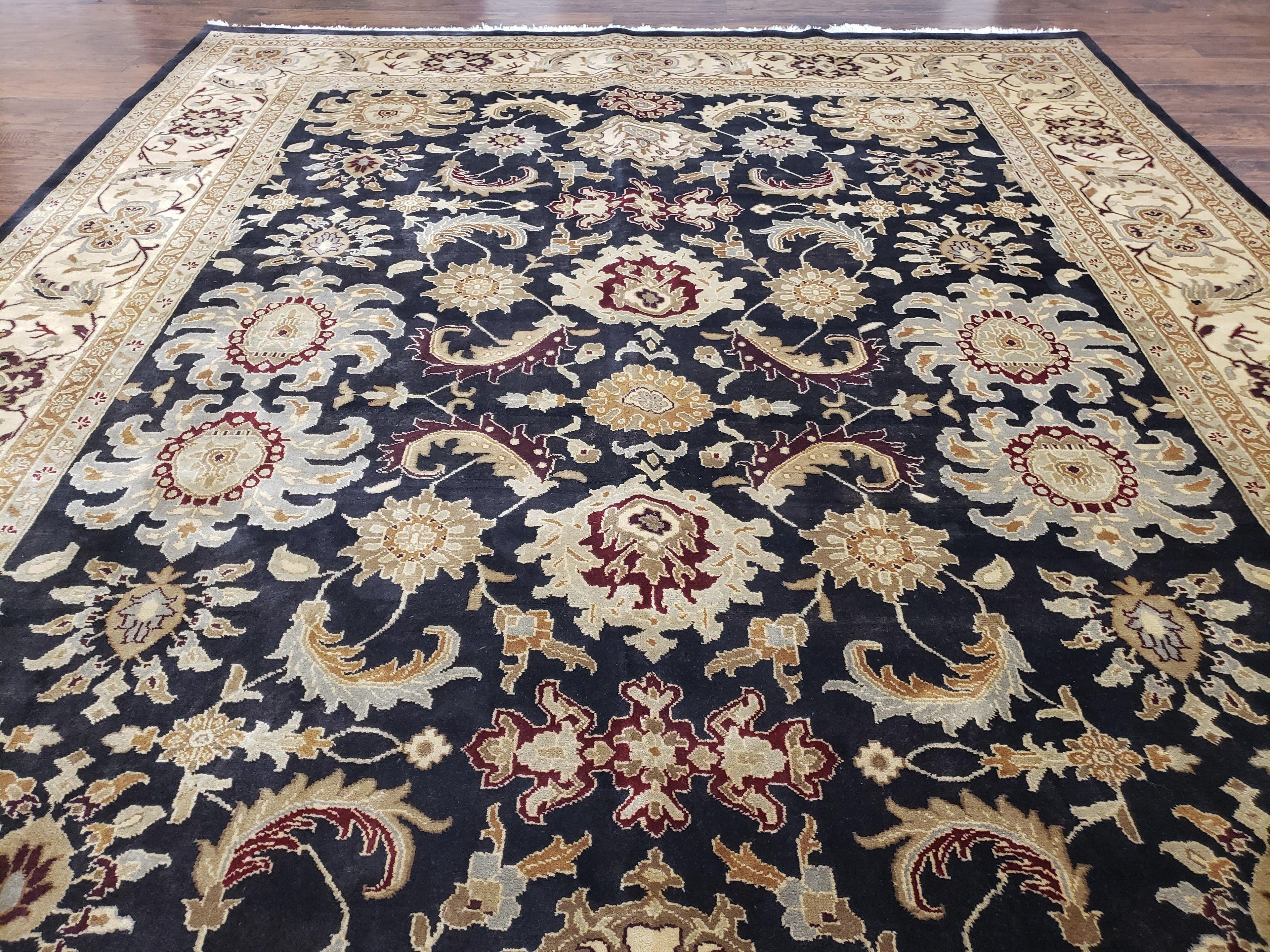 Indo Mahal Rug 8x12, Indian Sultanabad Handmade Area Rug, Vintage Hand-Knotted Wool Black Floral Traditional Oriental Dinning Room Rug