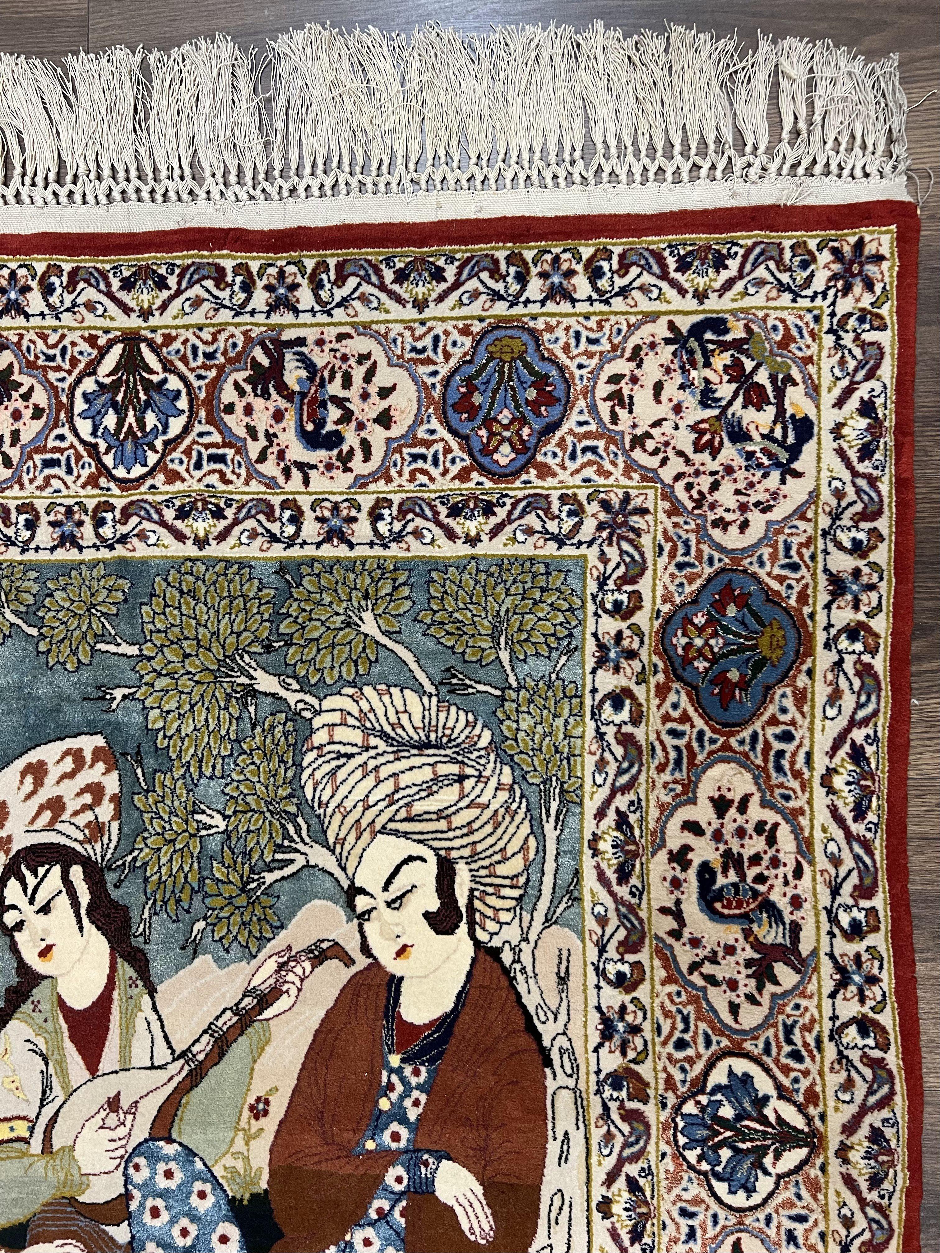 Persian Pictorial Rug 5 x 4 ft, Persian Isfahan Rug, Kork Wool on Silk Foundation, Signature from Master Weaver, Drums and Musical Instruments, Birds, Detailed