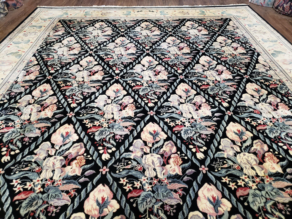 Sino-Persian Kirman Rug 9x12 Floral Handmade Wool Carpet Black & Ivory Vintage