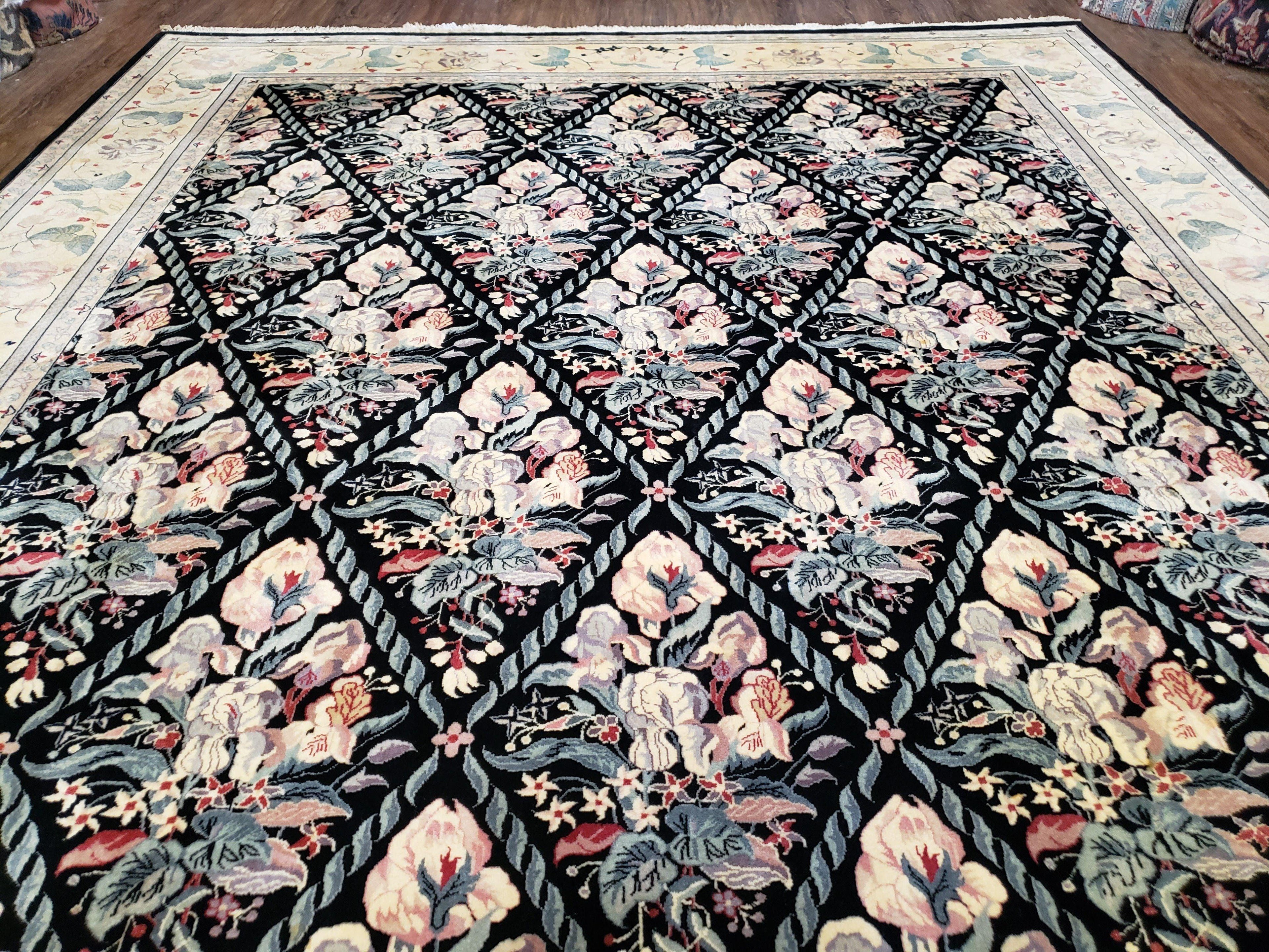 Sino-Persian Kirman Rug 9x12 Floral Handmade Wool Carpet Black & Ivory Vintage