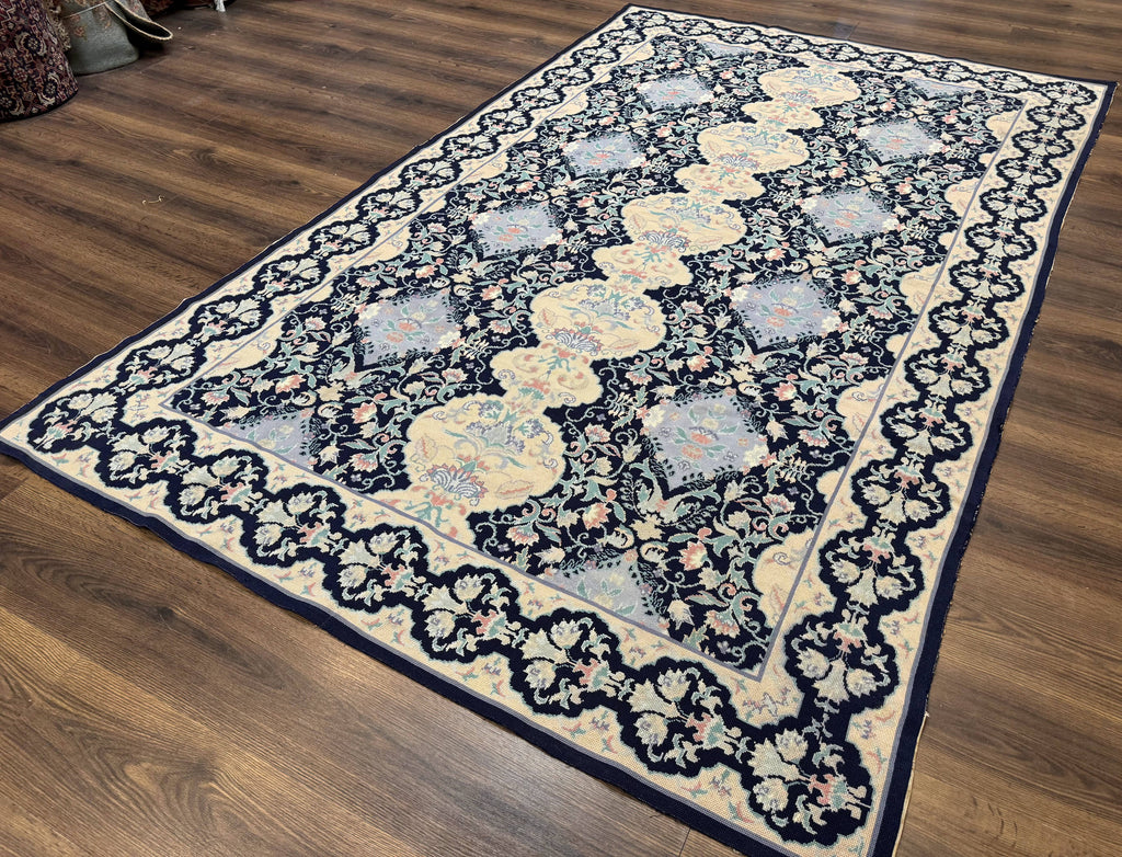 Needlepoint Rug 6x9, Ivory and Navy Blue