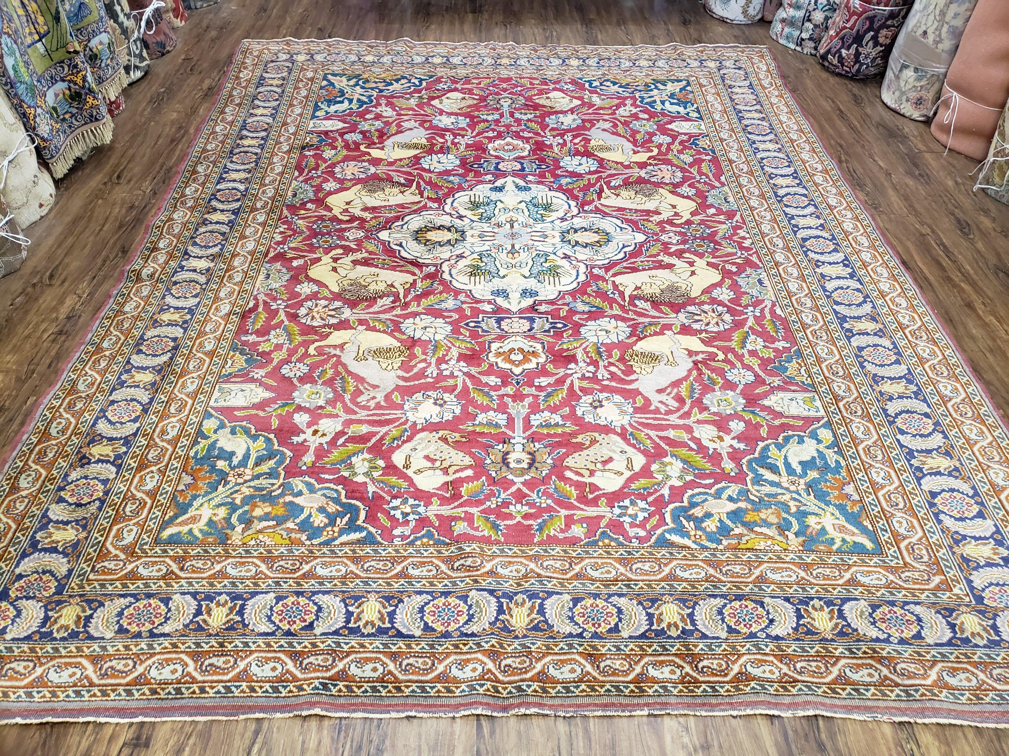 Antique Turkish Sivas Area Rug 8x11, Hand-Knotted, Vintage Red Wool Carpet, Gazelles Lions, Boteh Border, 8' x 11' Top Quality Oriental Rug