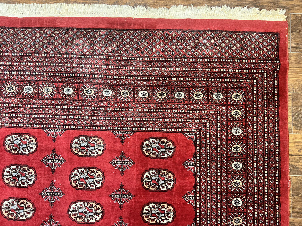 Turkoman Rug 8 x 11.6, Red Bokhara Pakistani Carpet, Wool Handmade Vintage Rug