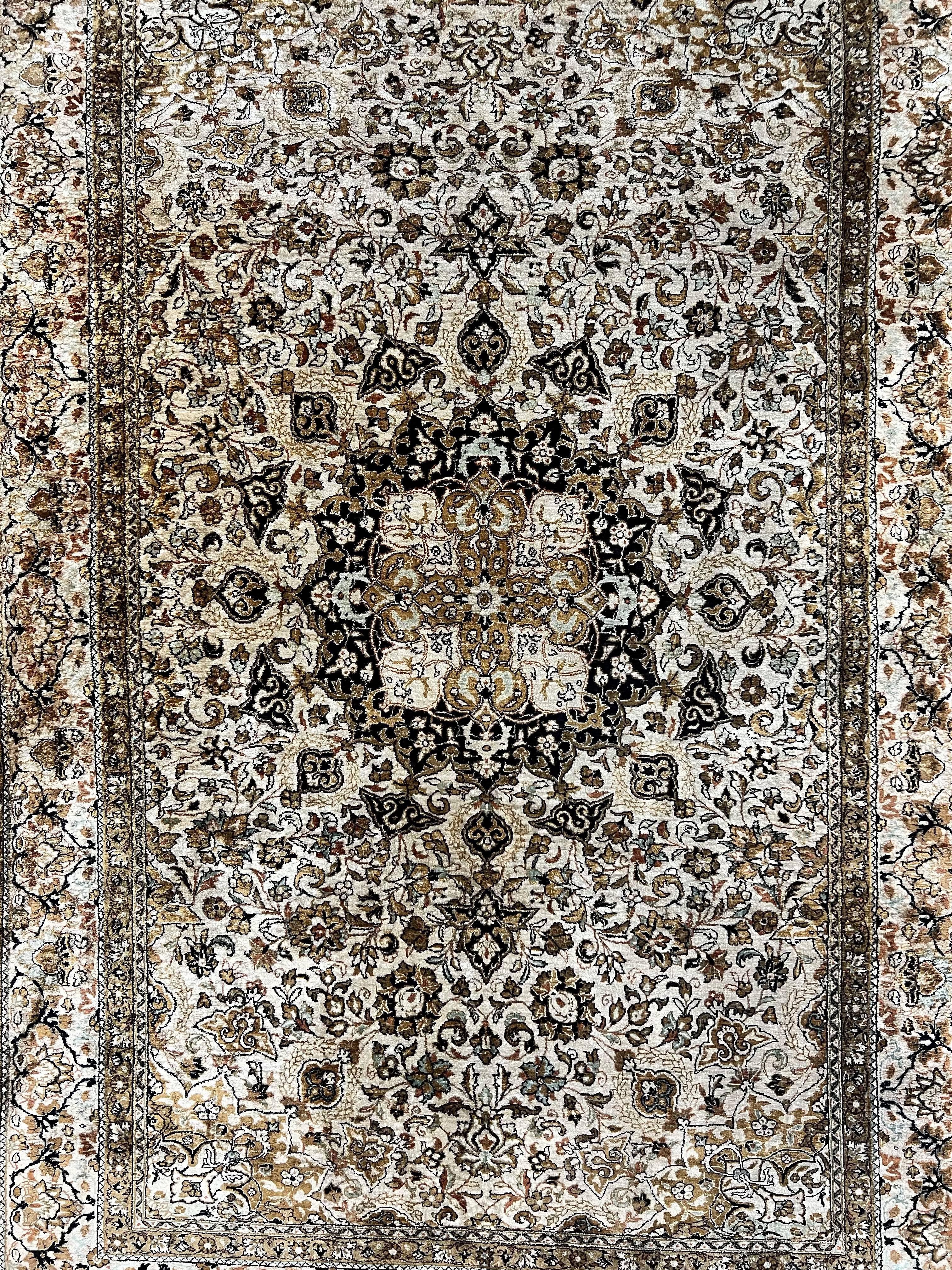 Persian Qum Silk Rug, Floral Medallion, Very Fine 60 Raj 475 KPSI, Handmade Hand Knotted Oriental Carpet, Silk on Silk
