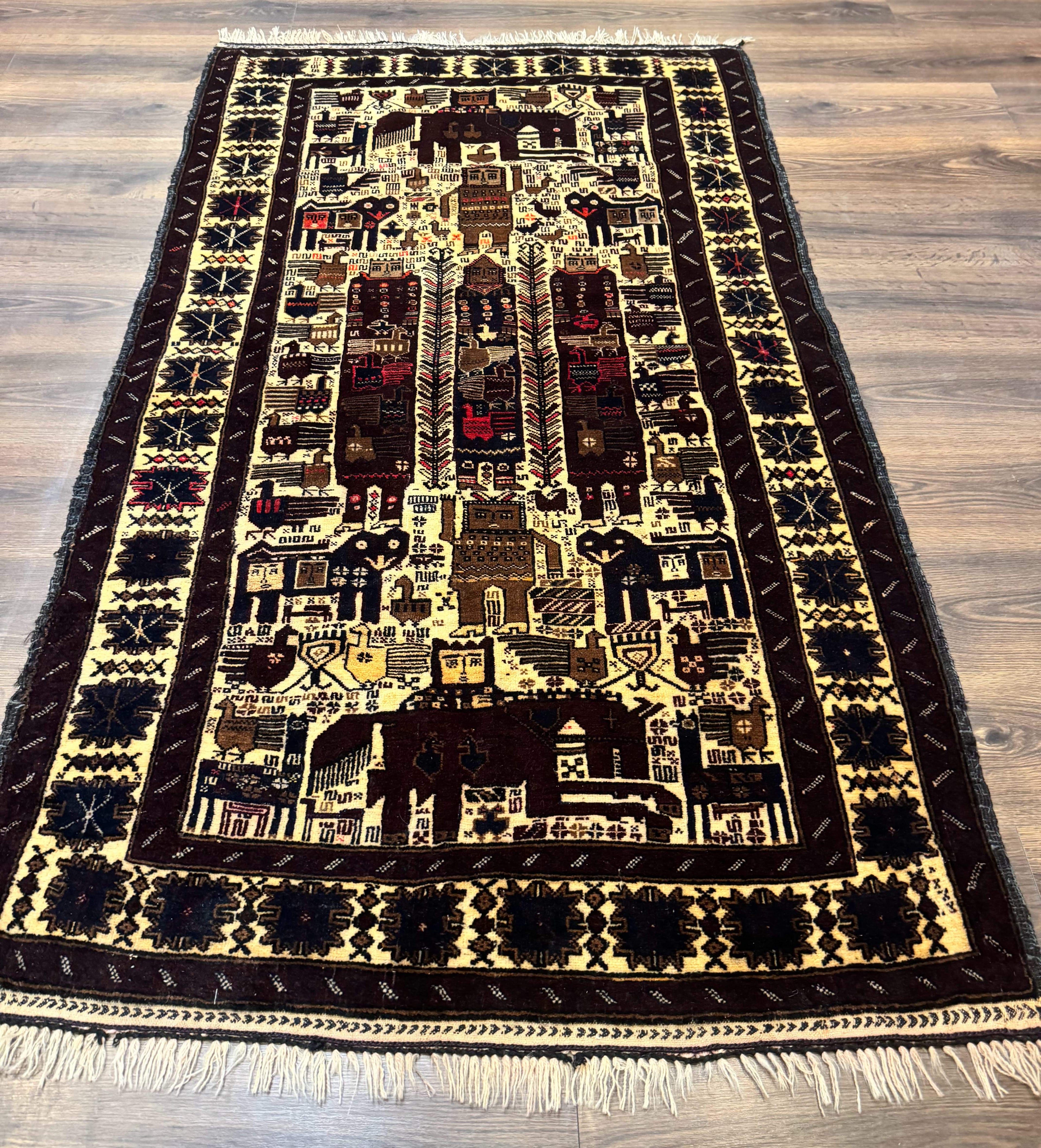 Persian Baluch Tribal Rug 4x6, Human and Bird Pictorials, Vintage, Wool, Collectible