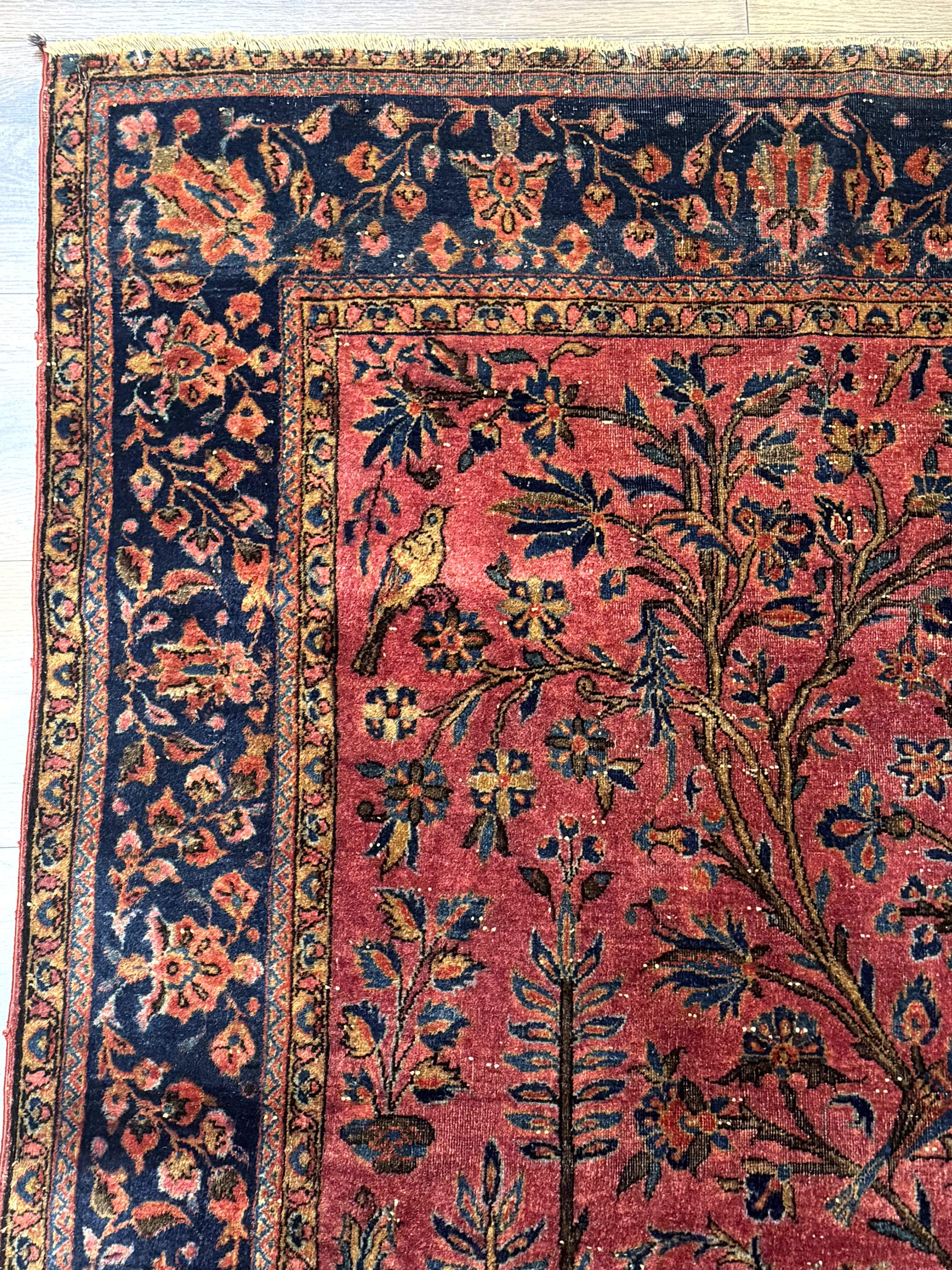 Antique Persian Tree of Life Rug 3x5, Manchester Wool, Bird Pictorials, Fine 240 KPSI, Red Navy Blue