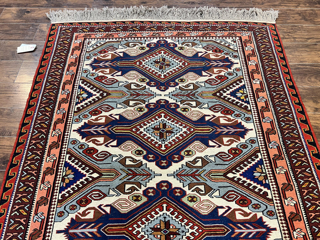 Russian Soumak Rug 6x8, Wool Handmade Antique Kilim Carpet, Multicolor 6 x 8 Geometric Medallions Caucasian Rug, Medium Size