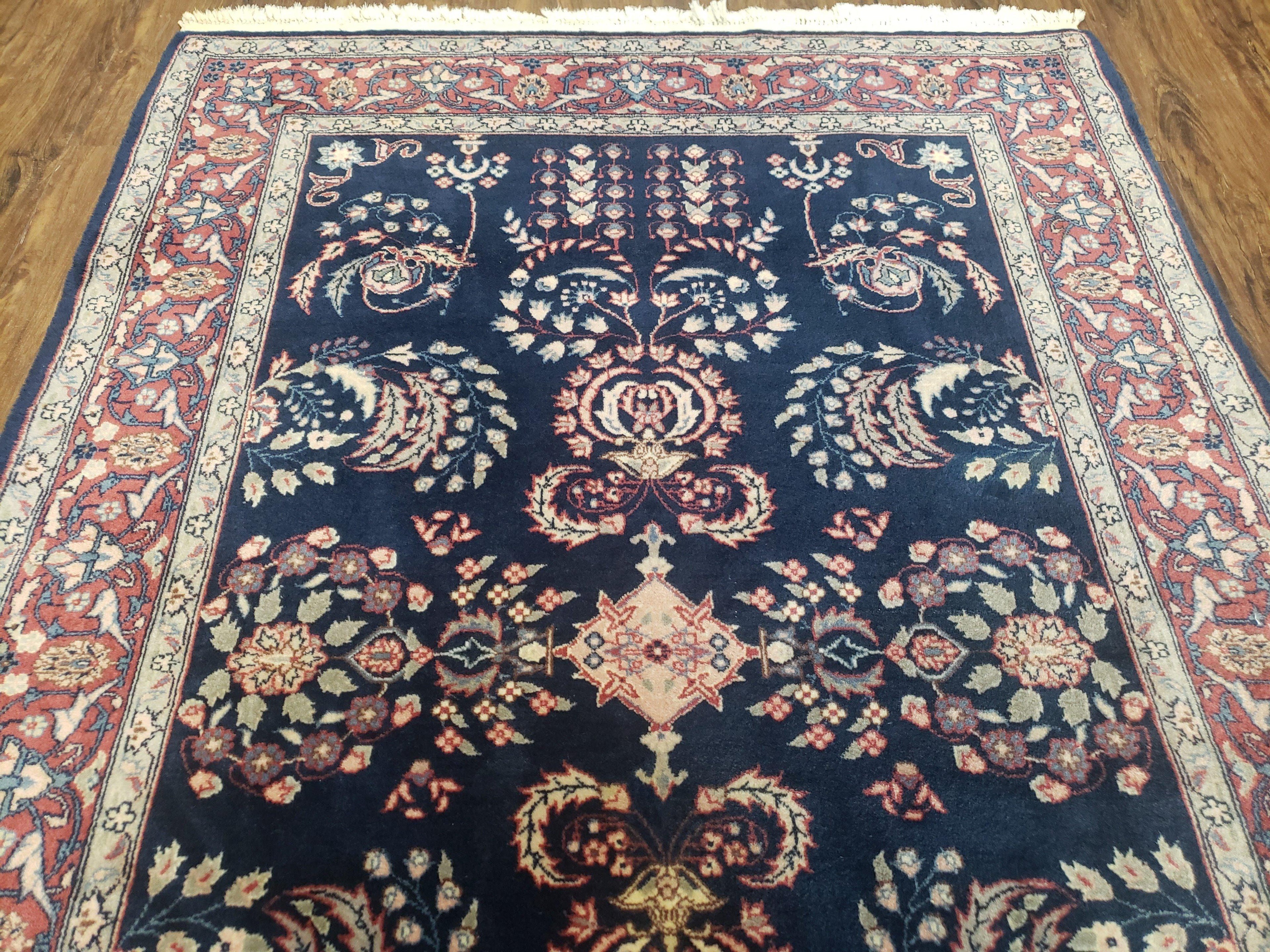 Dark Blue Indo Persian Rug 4x6, Medium Size Hand Knotted Oriental Carpet, Traditional Floral Indian Rug, Blue and Red Entryway Rug, Wool Rug