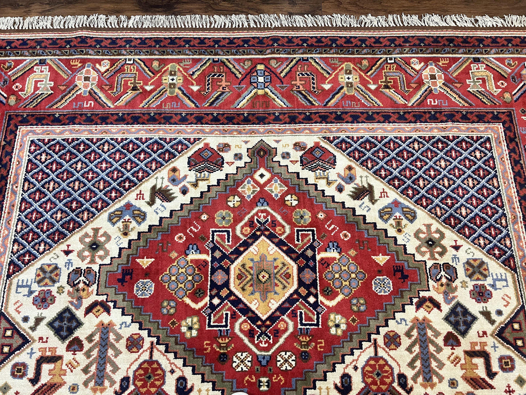 Belgium Power Loomed Rug 8x12, Geometric Medallions Persian Tribal Pattern, Vintage Wool Carpet, Ivory Red Blue