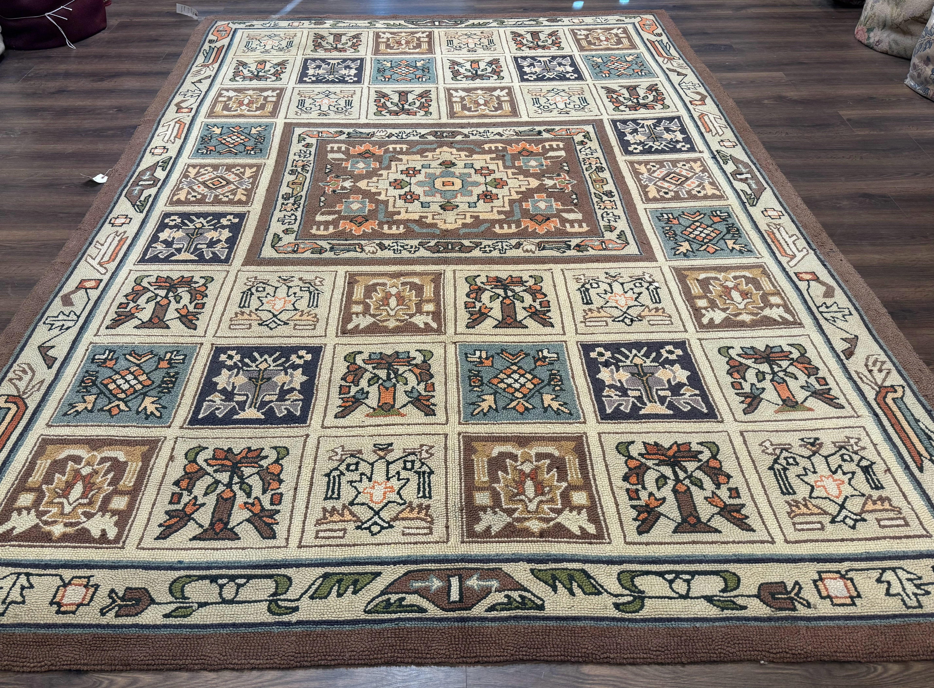 Hooked Rug 8x11, Vintage, American Vintage Hand Hooked Area Rug, Multicolor Panel, Rare