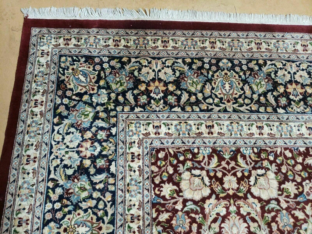 Persian Rug 9x12, Floral Allover, Very Fine, Handmade, Room Sized Oriental Carpet, Sino Persian, Maroon and Navy Blue