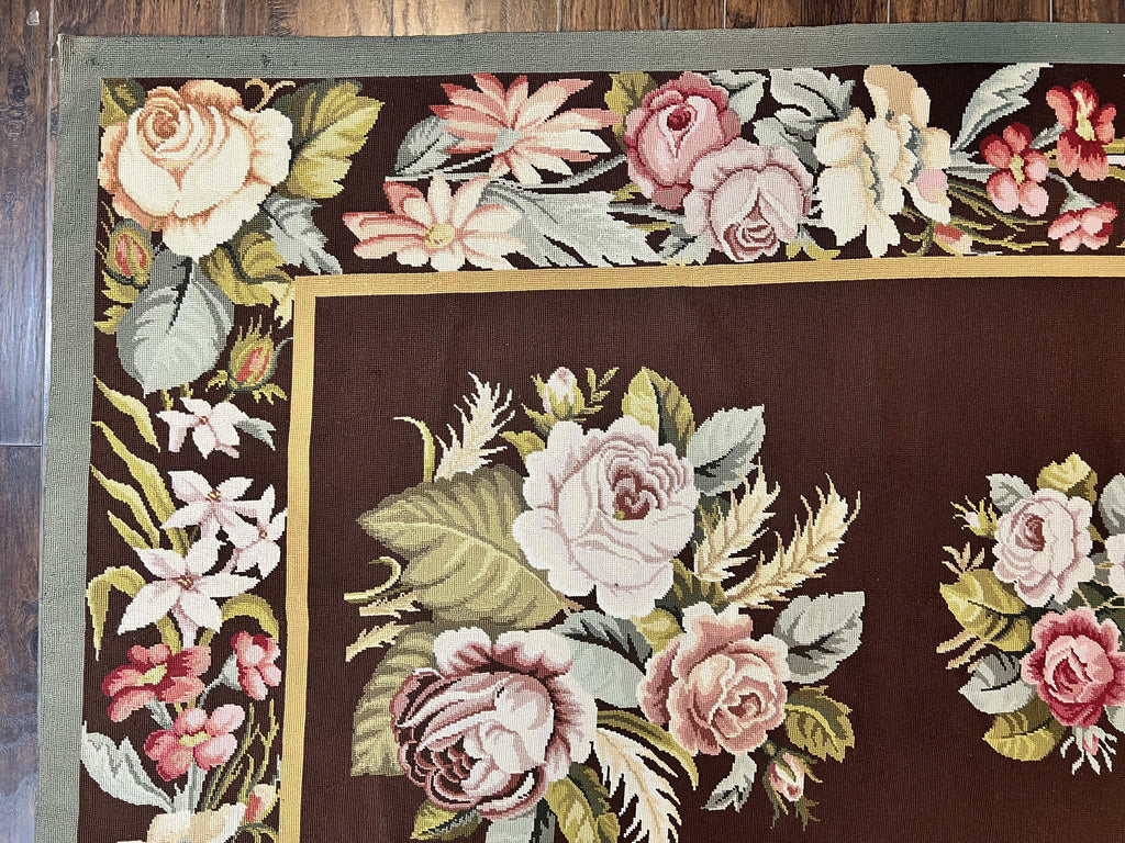 Vintage Needlepoint Rug 9x12, Large Handmade Hand-woven Needlepoint Carpet, Brown Area Rug, Floral Bouquets, Wool Rug, European Design
