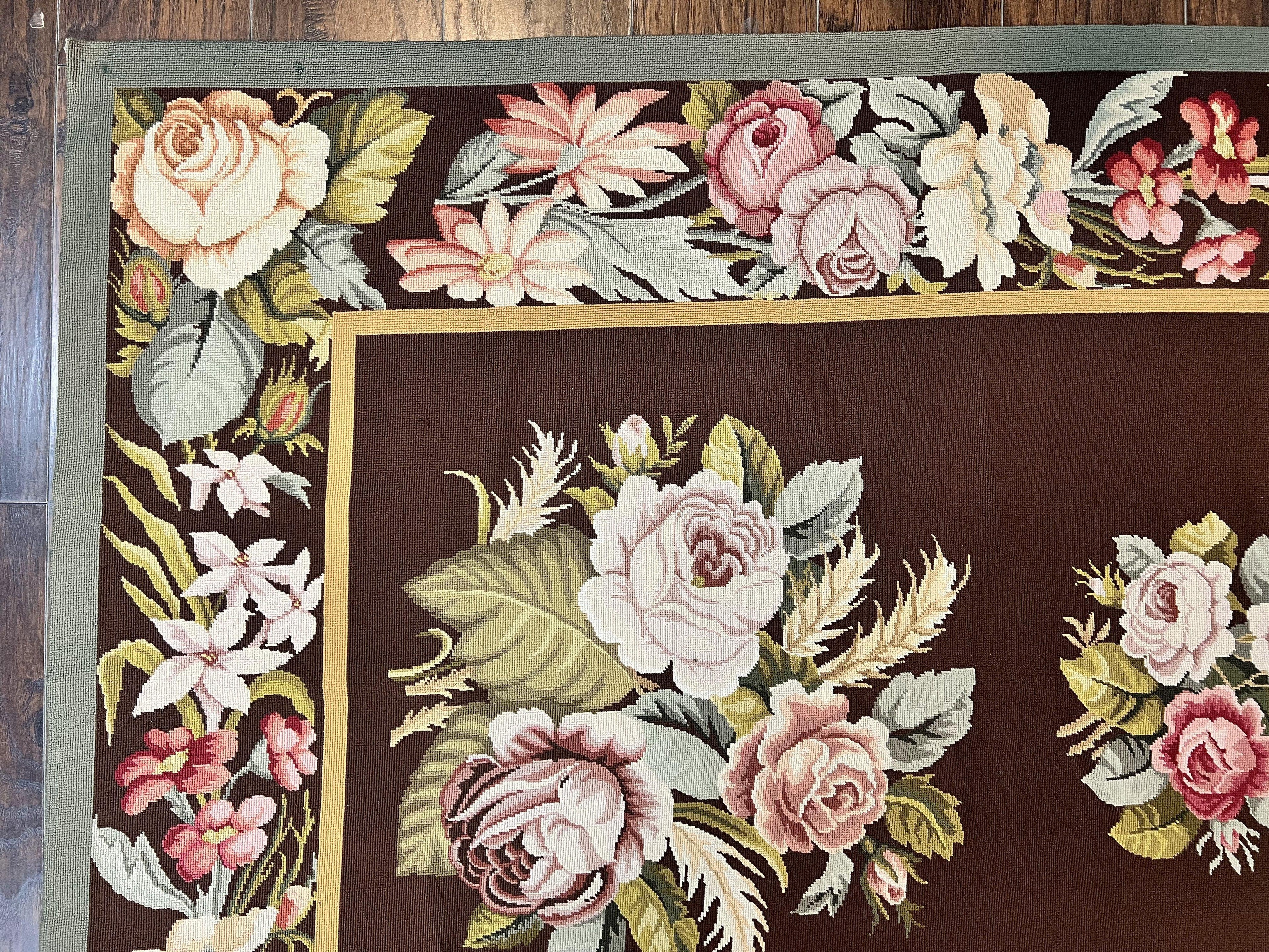 Vintage Needlepoint Rug 9x12, Large Handmade Hand-woven Needlepoint Carpet, Brown Area Rug, Floral Bouquets, Wool Rug, European Design