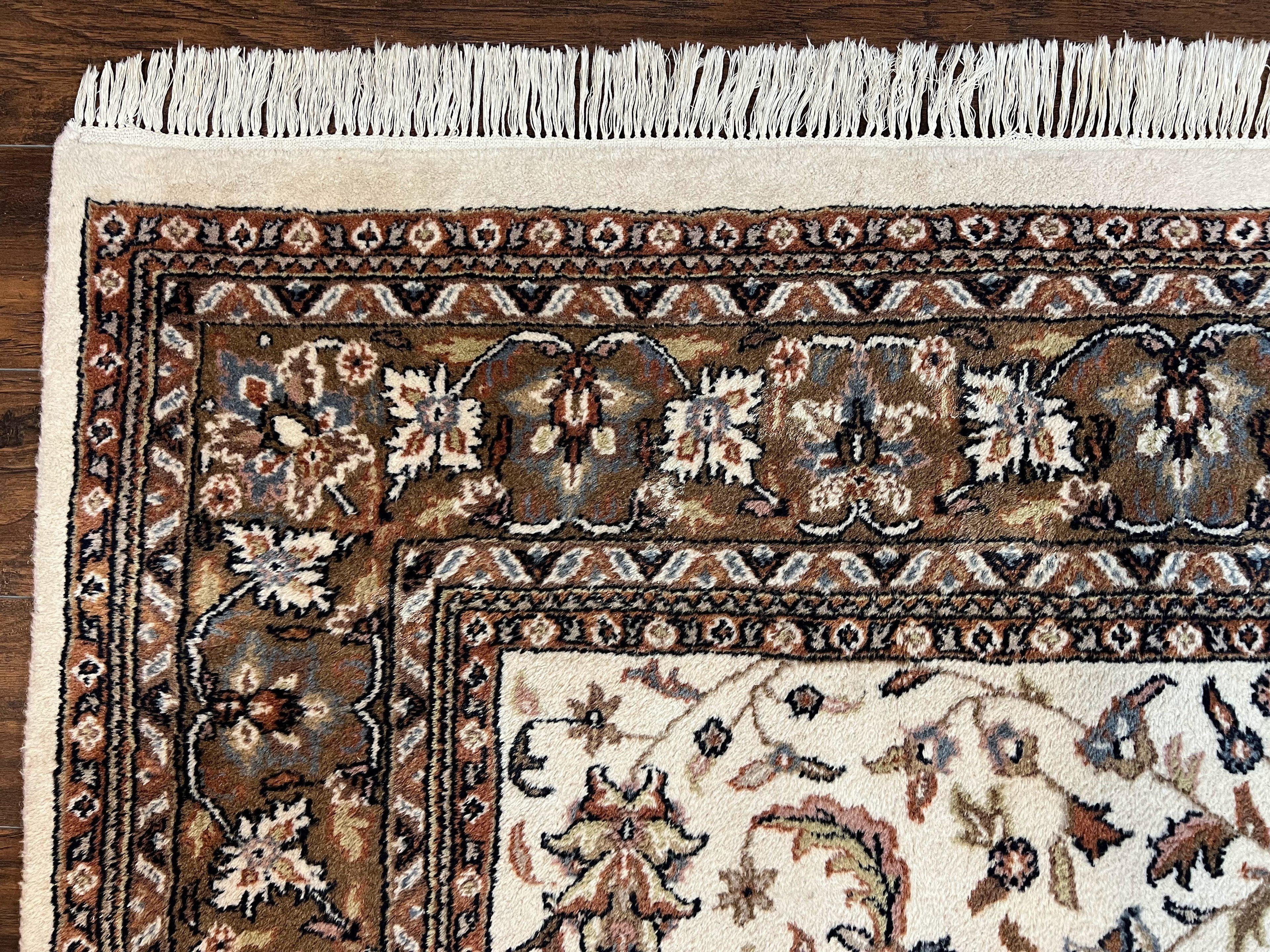 Indo Kirman Rug 8x12 Allover Floral Design, Ivory/Cream Brown, Vintage Handmade Hand Knotted Rug, Traditional Wool Persian Carpet 8 x 12