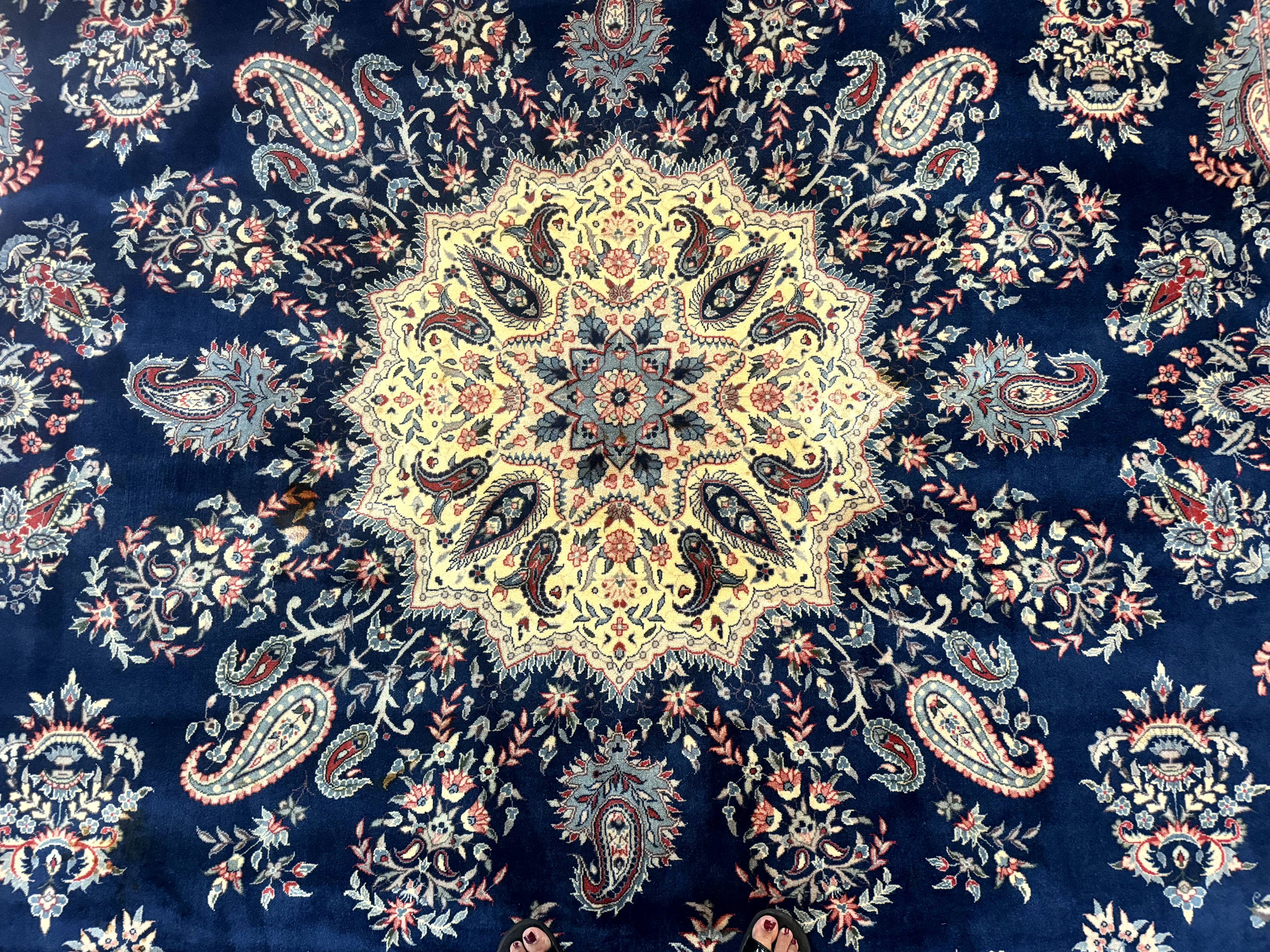 Sino Persian Kerman Rug 10x14, Blue and Beige, Floral Medallion, Fine 240 KPSI