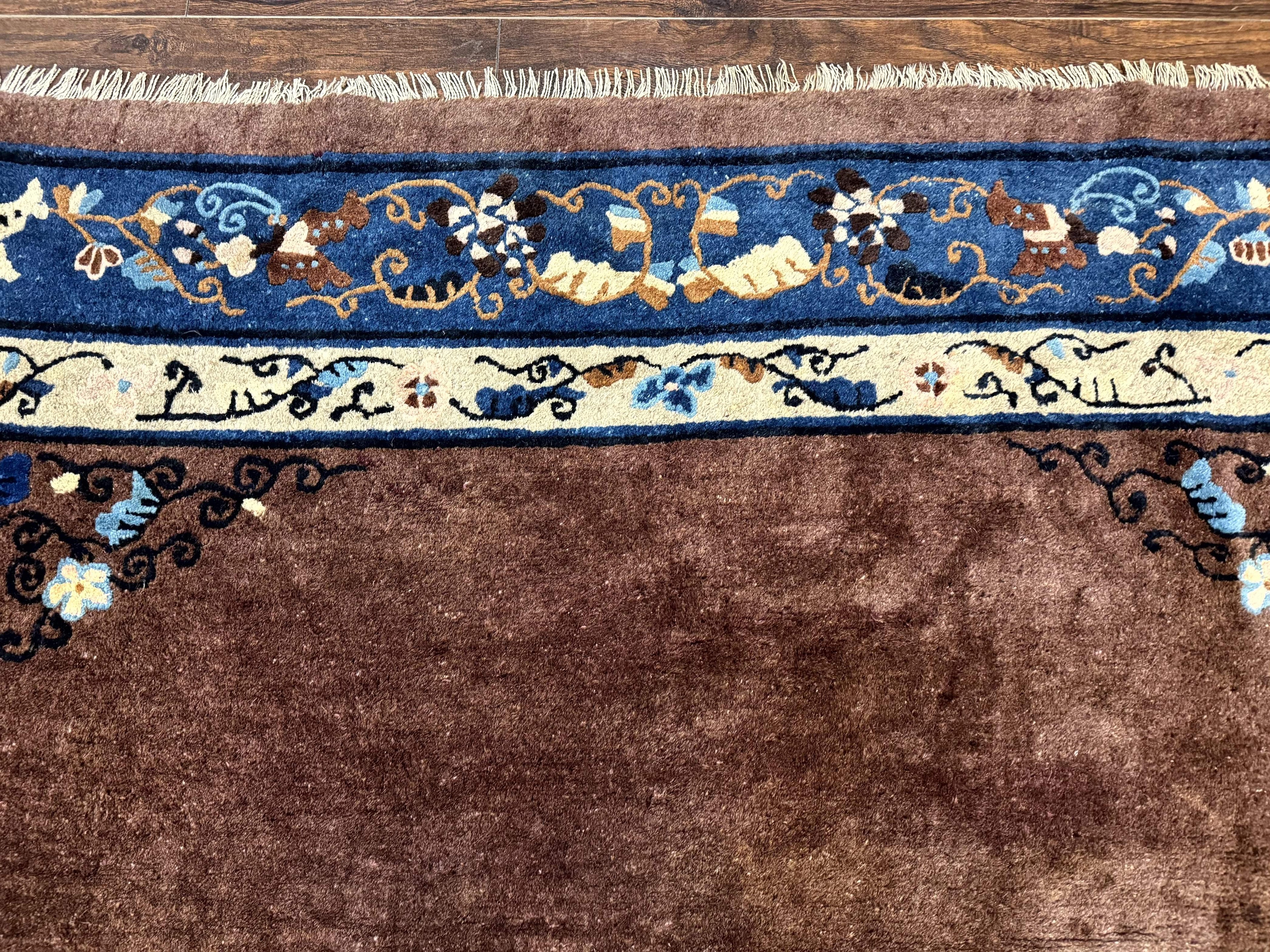 Antique Chinese Wool Rug 9x11, Large Chinese Art Deco Rug, Peking Rug, Brown and Blue, Open Field, Fete Rug