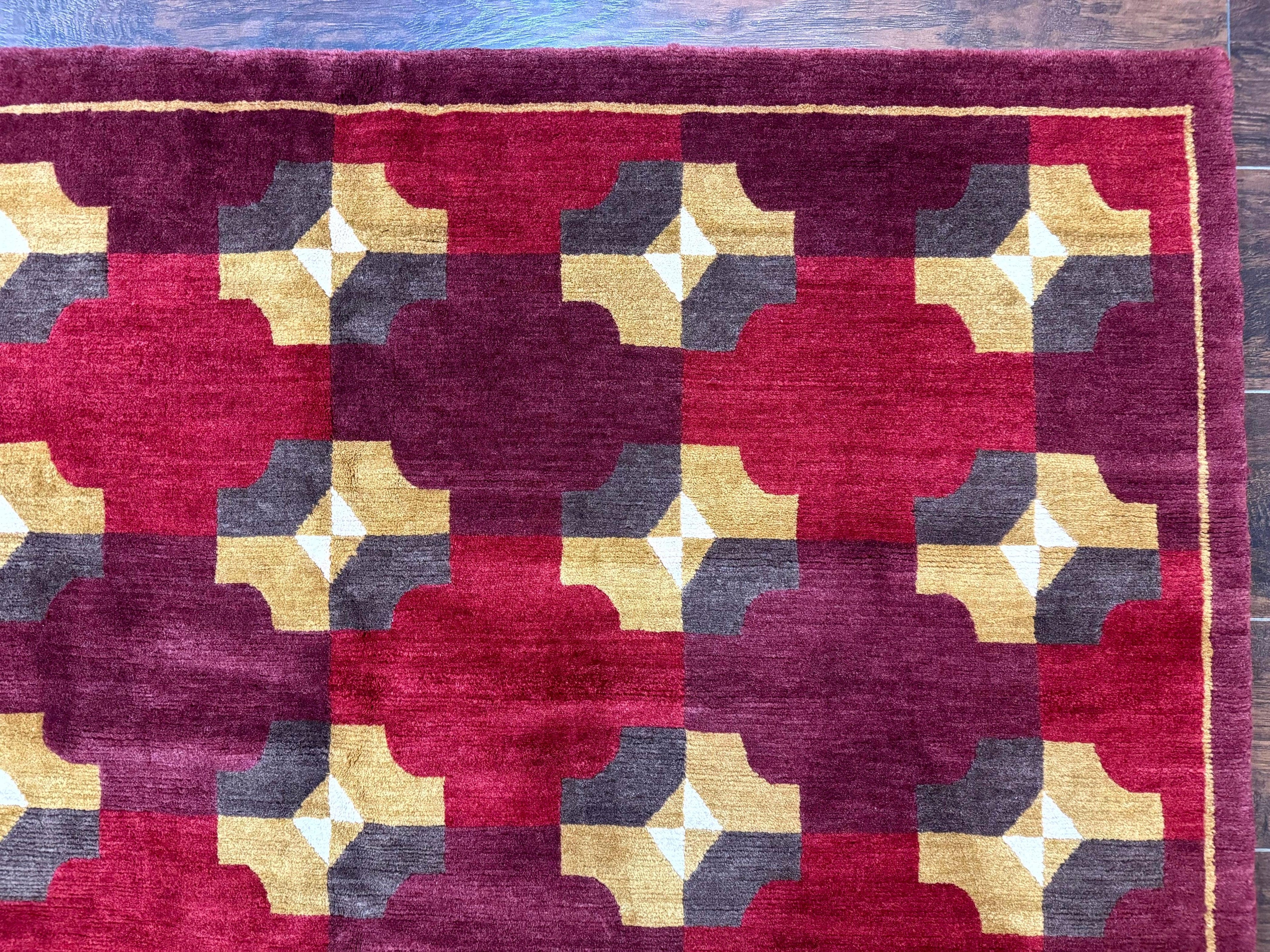 Modern Tibetan Rug 5 x 6.8, Wool, Red, Allover Pattern, Nepali Rug, Abstract Rug, Handmade Area Rug