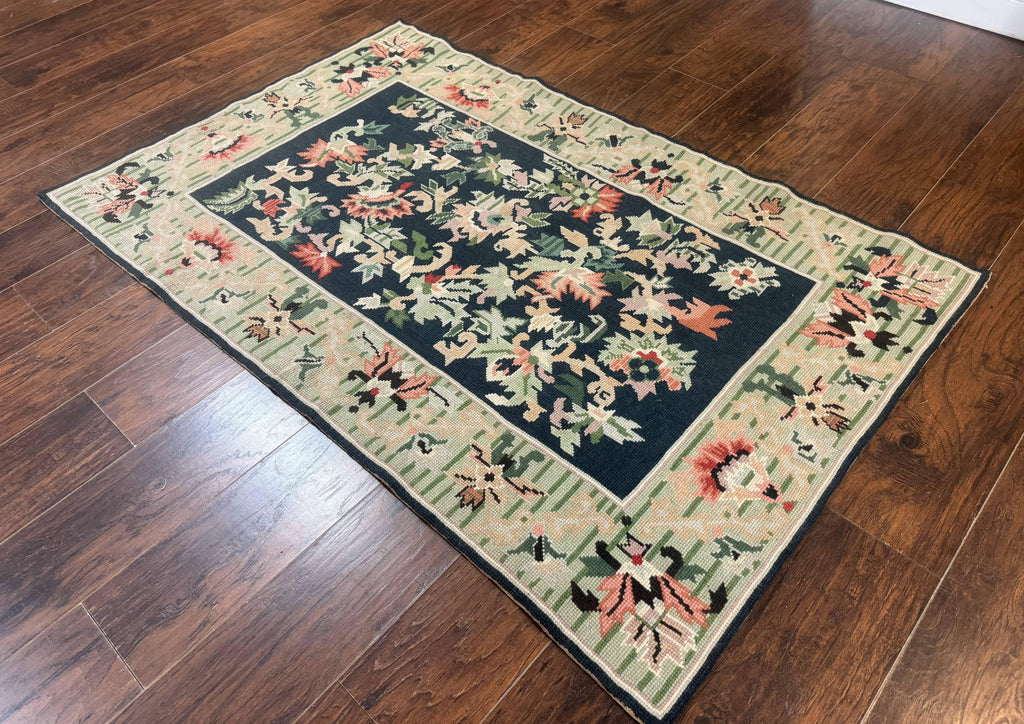 Vintage American Needlepoint Rug 4x6, Dark Green, Wool, Handmade, Flatweave Carpet