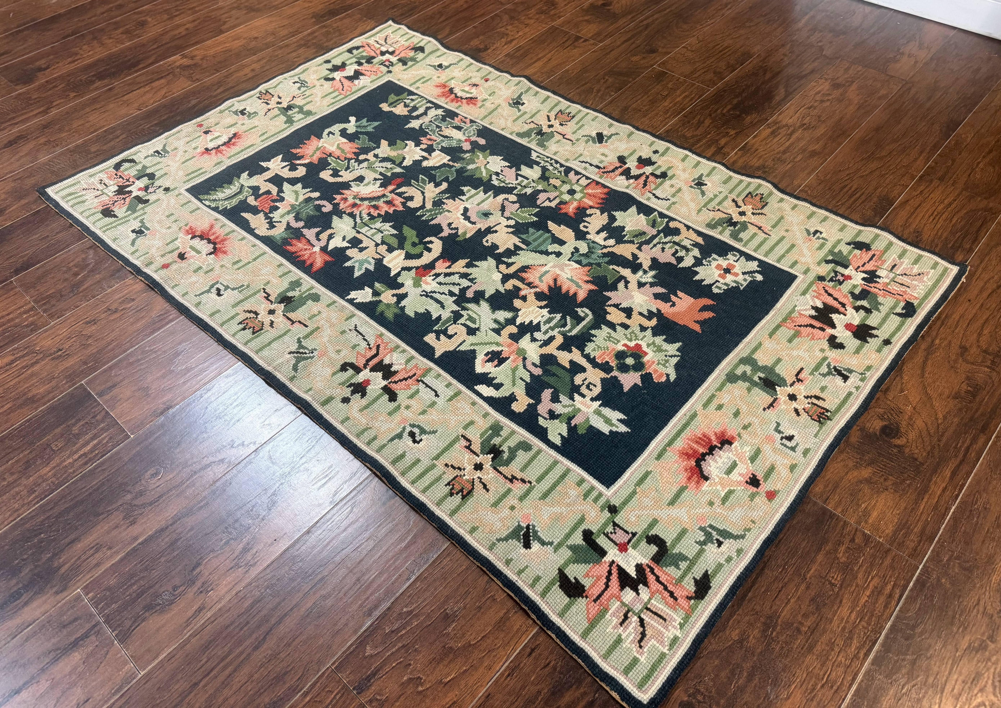 Vintage American Needlepoint Rug 4x6, Dark Green, Wool, Handmade, Flatweave Carpet