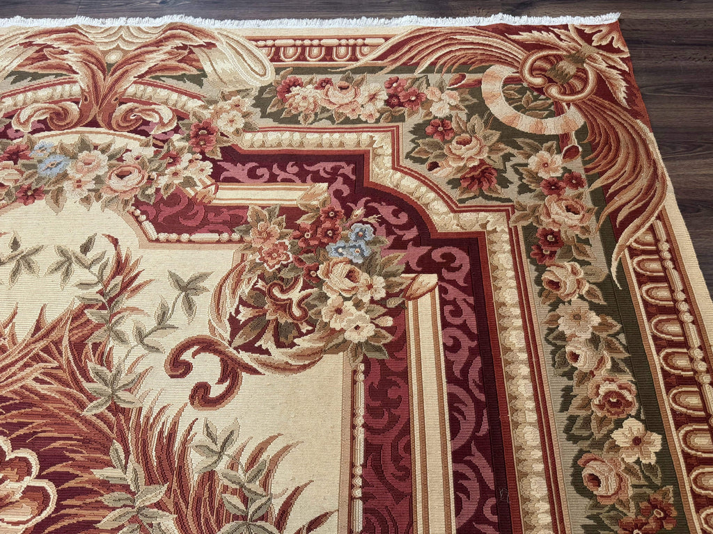 Large Aubusson Rug 10x13, Thick Flatweave Carpet, Elegant European Design, Cream and Raspberry