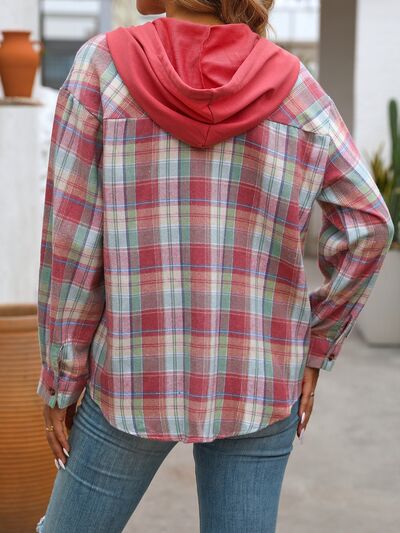 Plaid Buttoned Long Sleeve Hooded Jacket for Women – Cozy & Stylish Cotton-Blend Outerwear