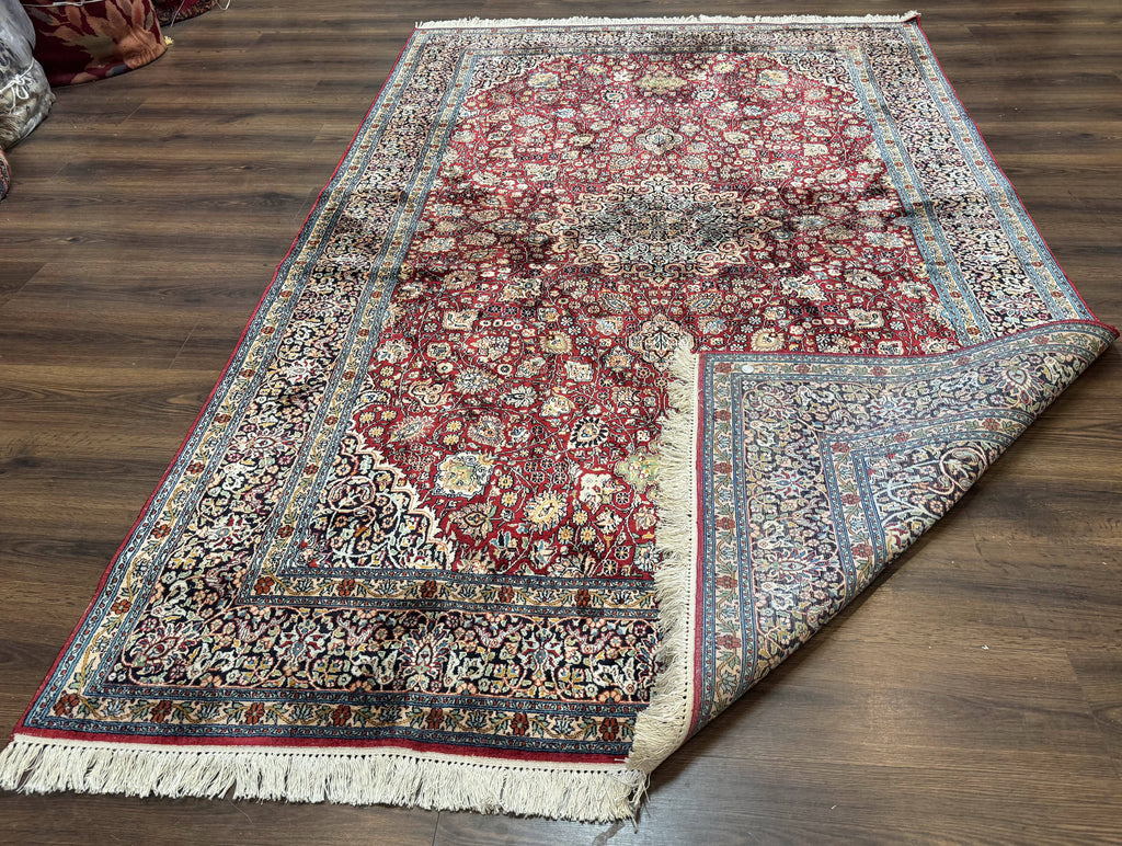 Indian Kashmiri Silk Rug 6x9, Red and Navy Blue, Floral Medallion, Fine 275 KPSI