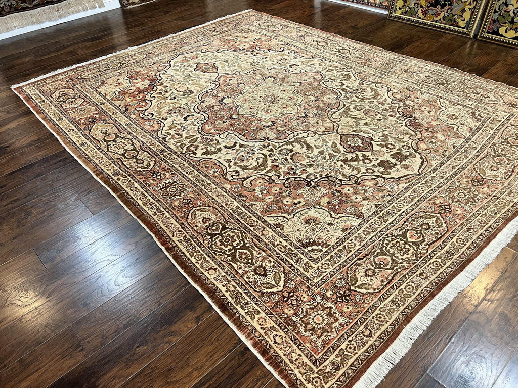 Antique Persian Tabriz Rug 10x12, Wool Hand Knotted Oriental Carpet, Beige Light Red, Floral Medallion