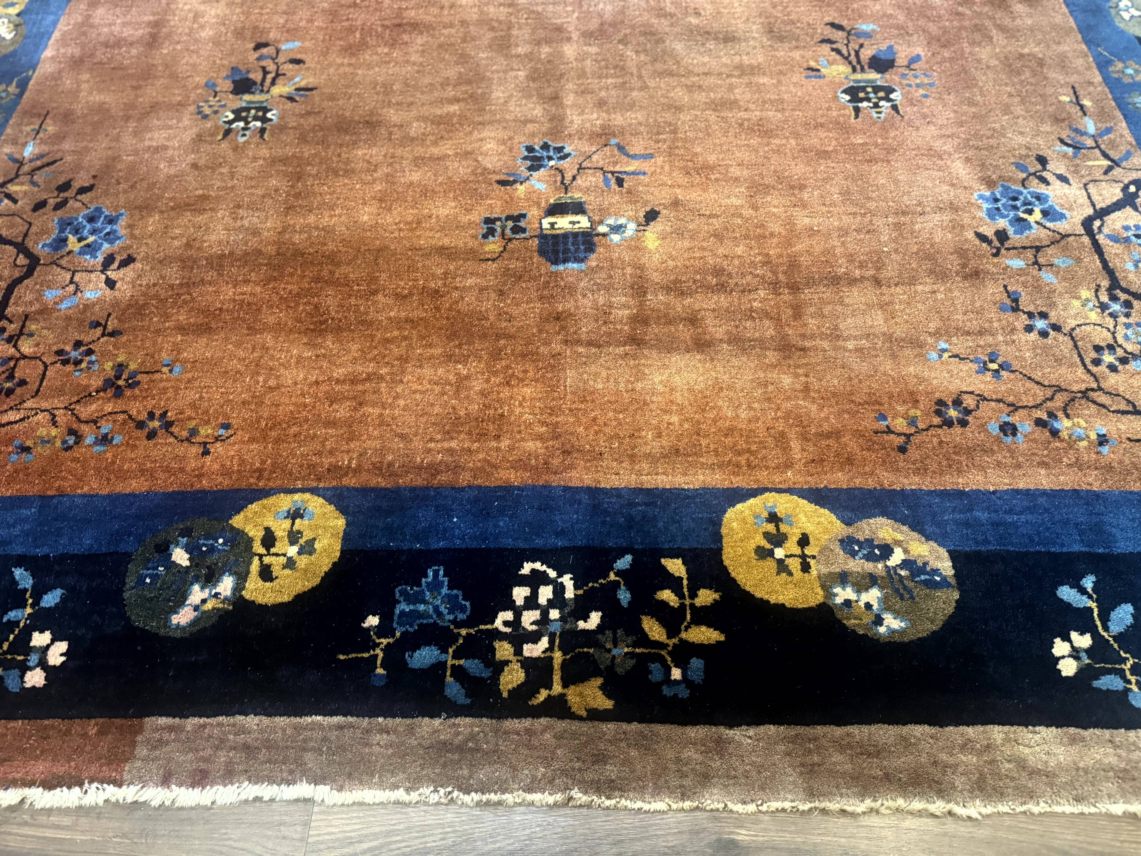 Antique Chinese Wool Rug 9x12, Light Brown and Navy Blue, Fete Peking Art Deco