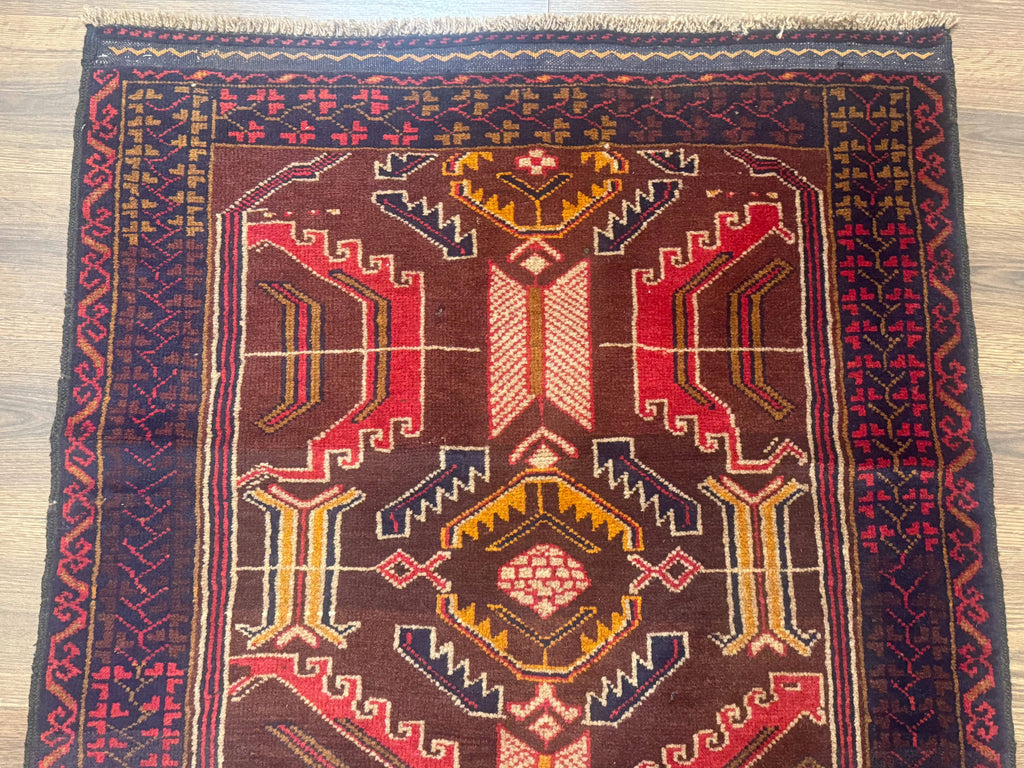 Afghan Rug 3x7, Maroon and Navy Blue, Balouch Carpet, Tribal Rug, New