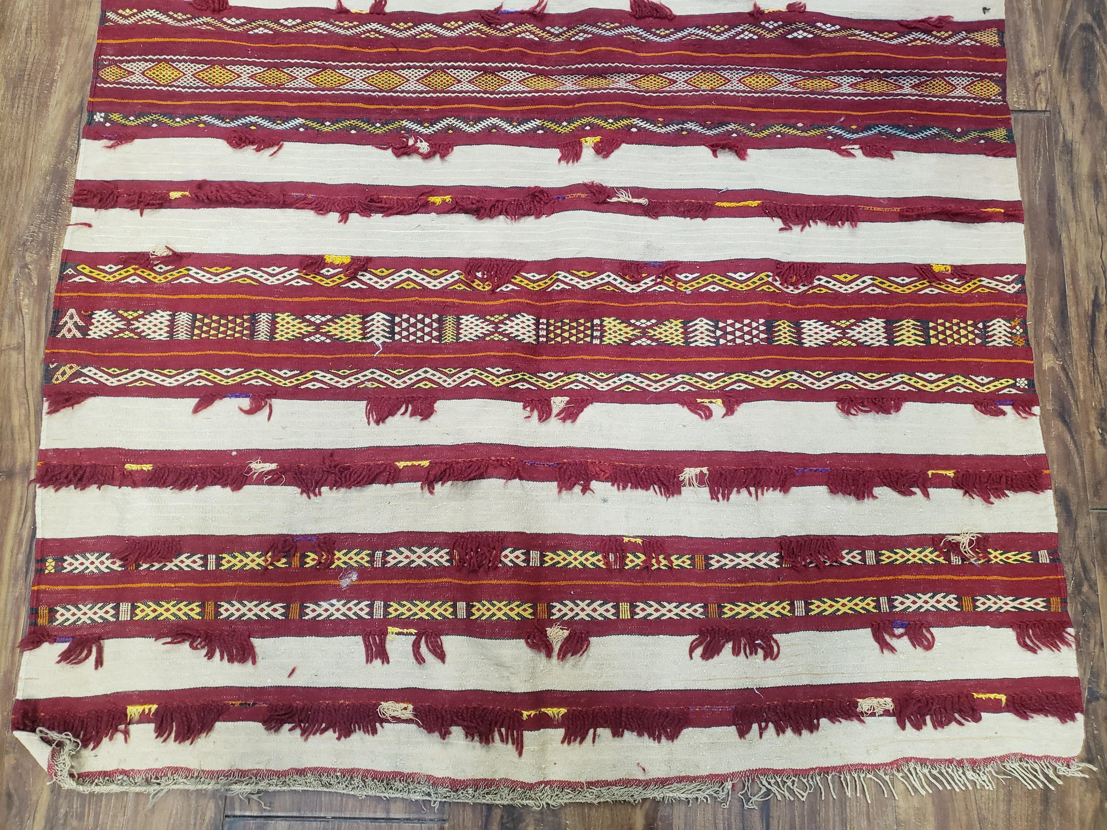 Antique Turkoman Yamud Rug 3x5 ft, 1920s Turkmen Sofreh Table Cover, Bohemian Rug, Tribal Collectible, Striped Rug, Handmade Ivory and Red