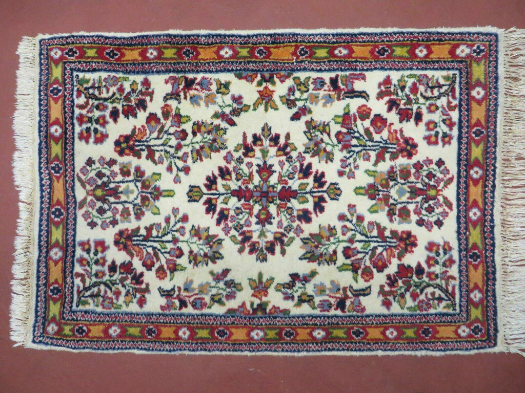 Small Persian Rug 2 x 3, Tiny Persian Sarouk Carpet, Cream Navy Blue Red, Floral Medallion, Vintage Wool Rug, Handmade Hand-Knotted Oriental Rug