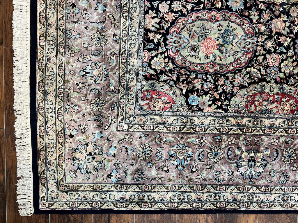 Sino Persian Rug 9x12, Navy Blue and Pink Hand Knotted Wool and Silk Highlights Vintage Oriental Carpet, Handmade Floral Area Rug 9 x 12 ft