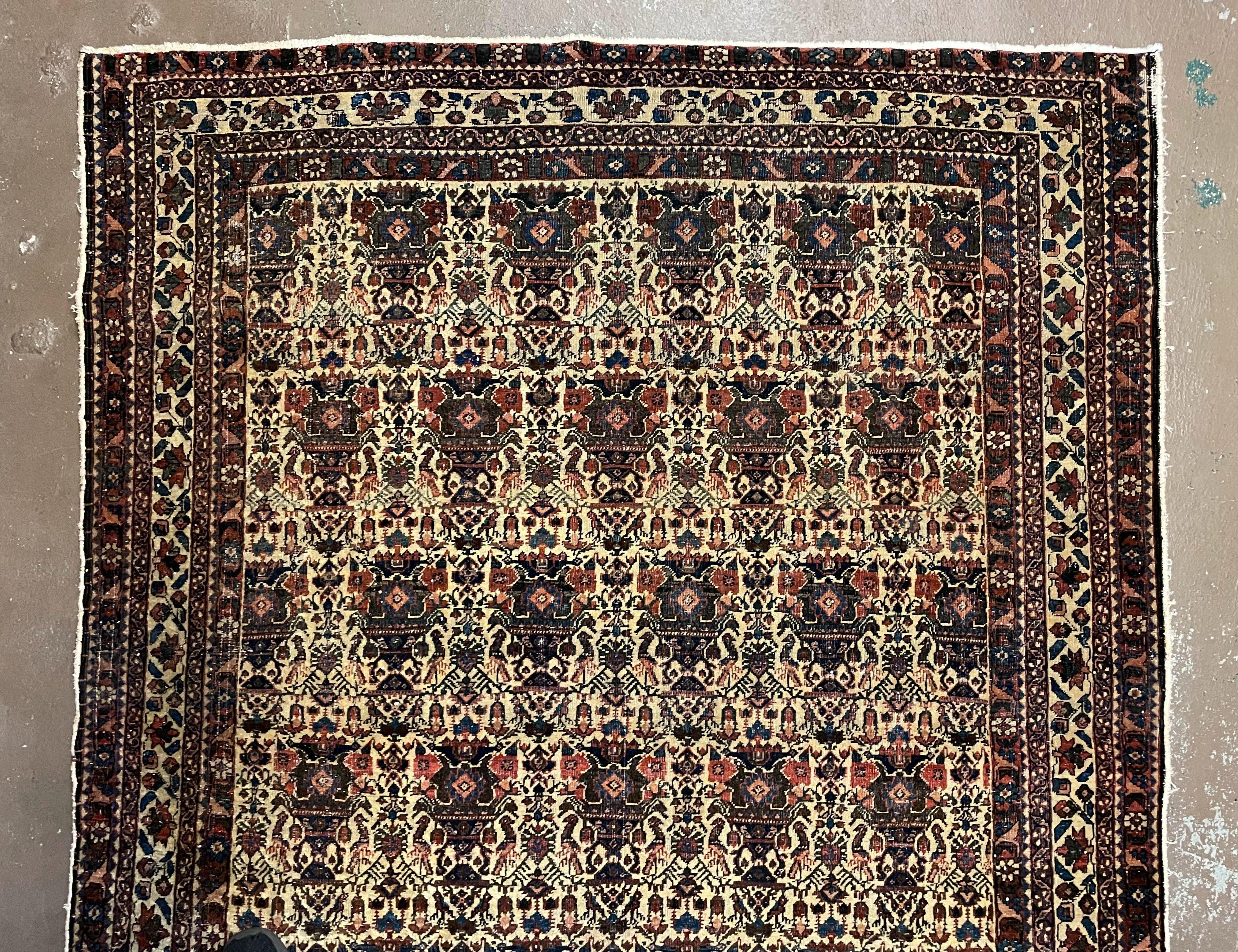 Antique Persian Afshar Rug 5x7, Wool Hand Knotted Oriental Carpet 5 x 7 ft, Repeated Motif Allover, Cream and Maroon, Tribal Rug, Medium Sized Rug,  Zil-i-Sultan Design