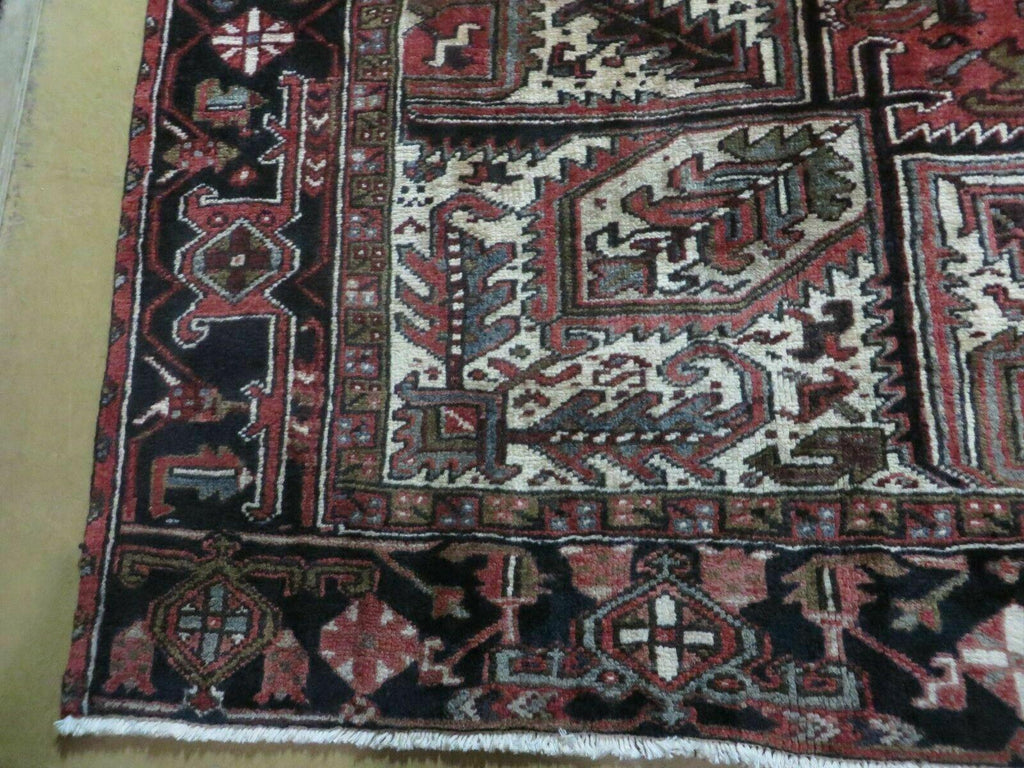 Persian Heriz Rug 8x12 Semi Antique Heriz Carpet, Room Sized Persian Carpet, Geometric Medallion, Wool, Hand Knotted, Red Ivory Dark Blue