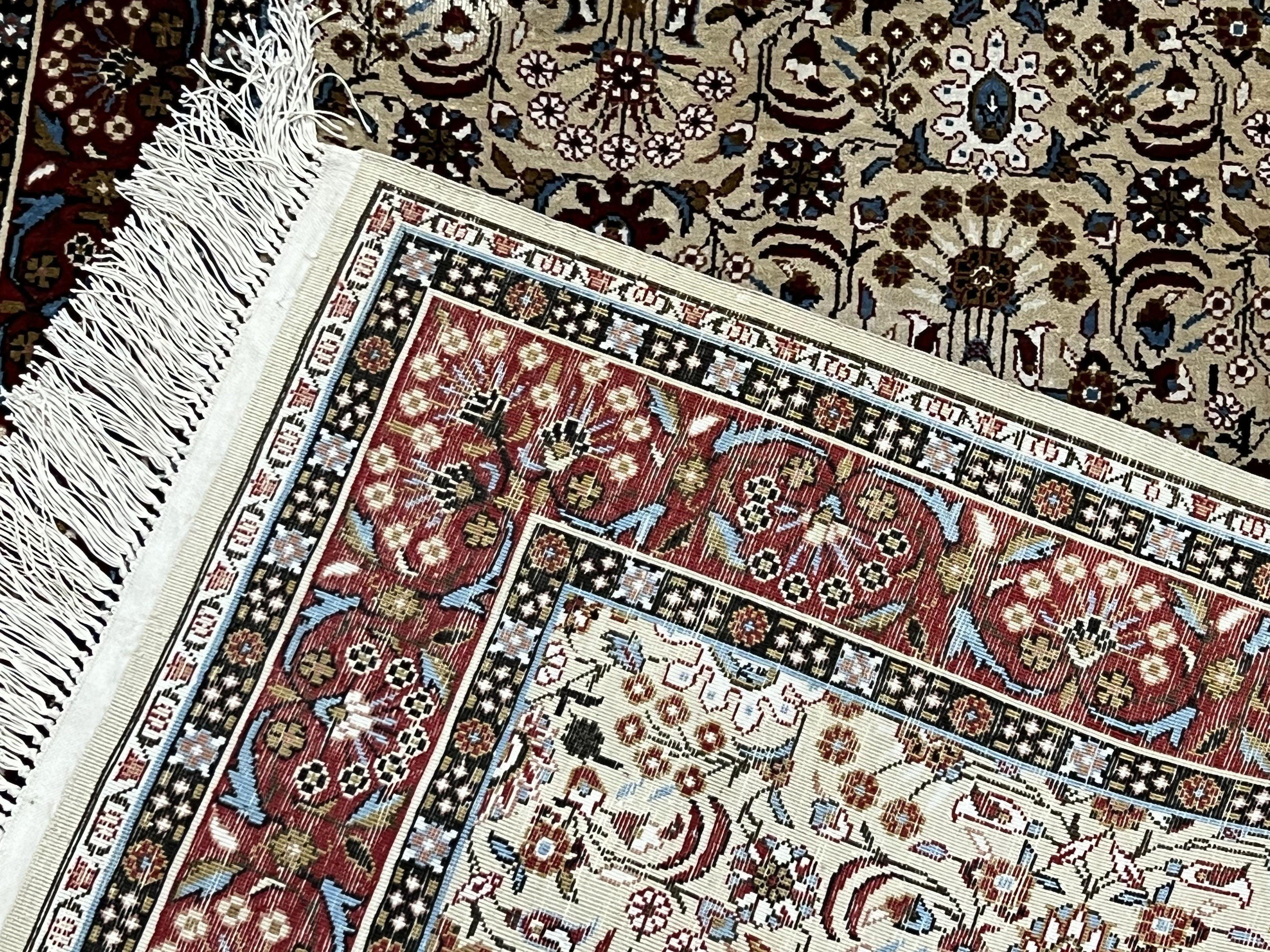 Fine Sino-Persian Silk Rug 3x5, High Quality Silk Carpet, Handmade Small Silk Rug, Allover Repeated Motif, Tan Maroon Blue Vintage Silk Rug