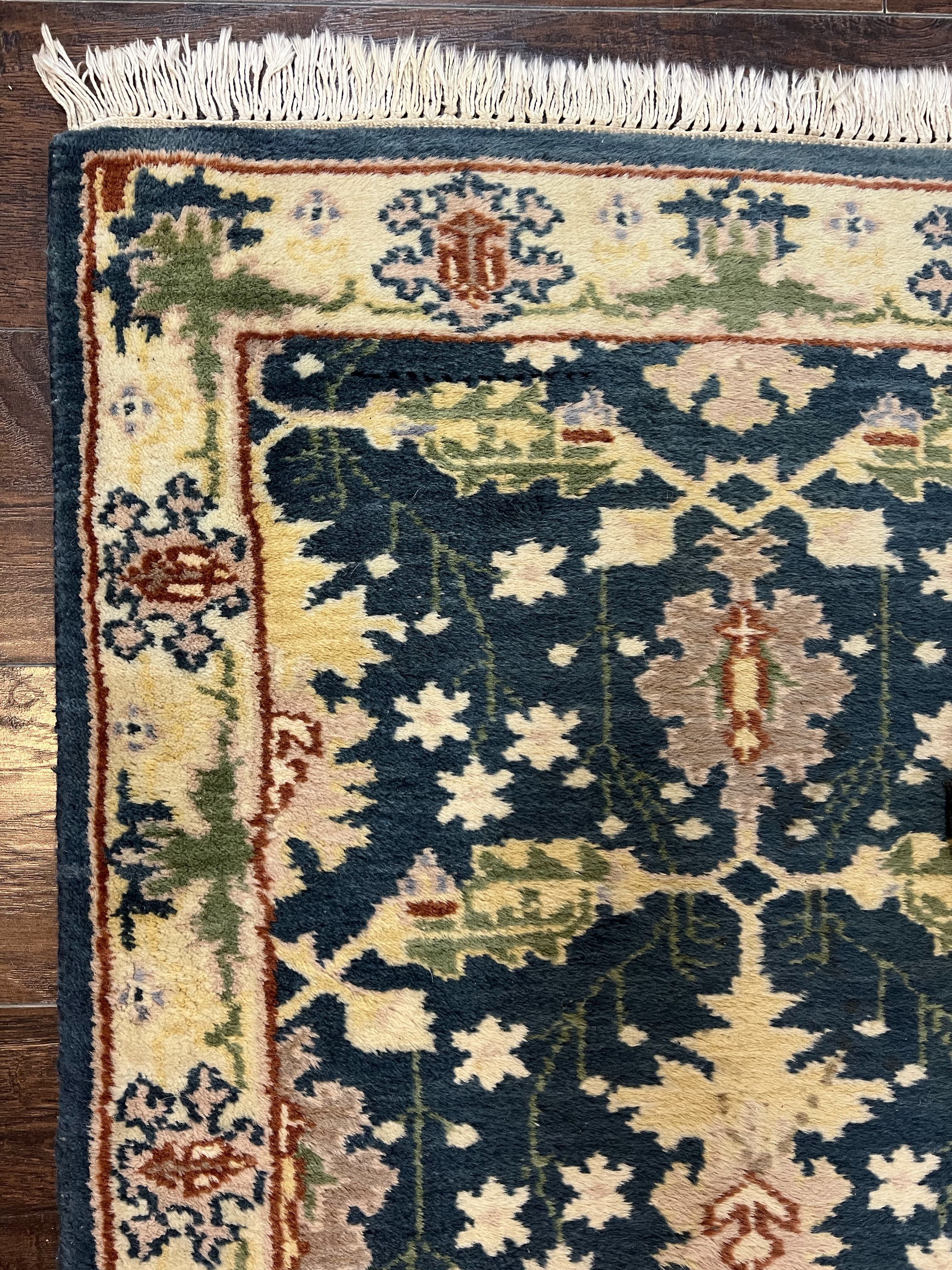 Indian Runner Rug 2.6 x 12, Navy Blue Beige Oriental Runner Rug 12ft Long, Narrow Hallway Runner, Wool Hand Knotted Indo Persian Mahal Rug