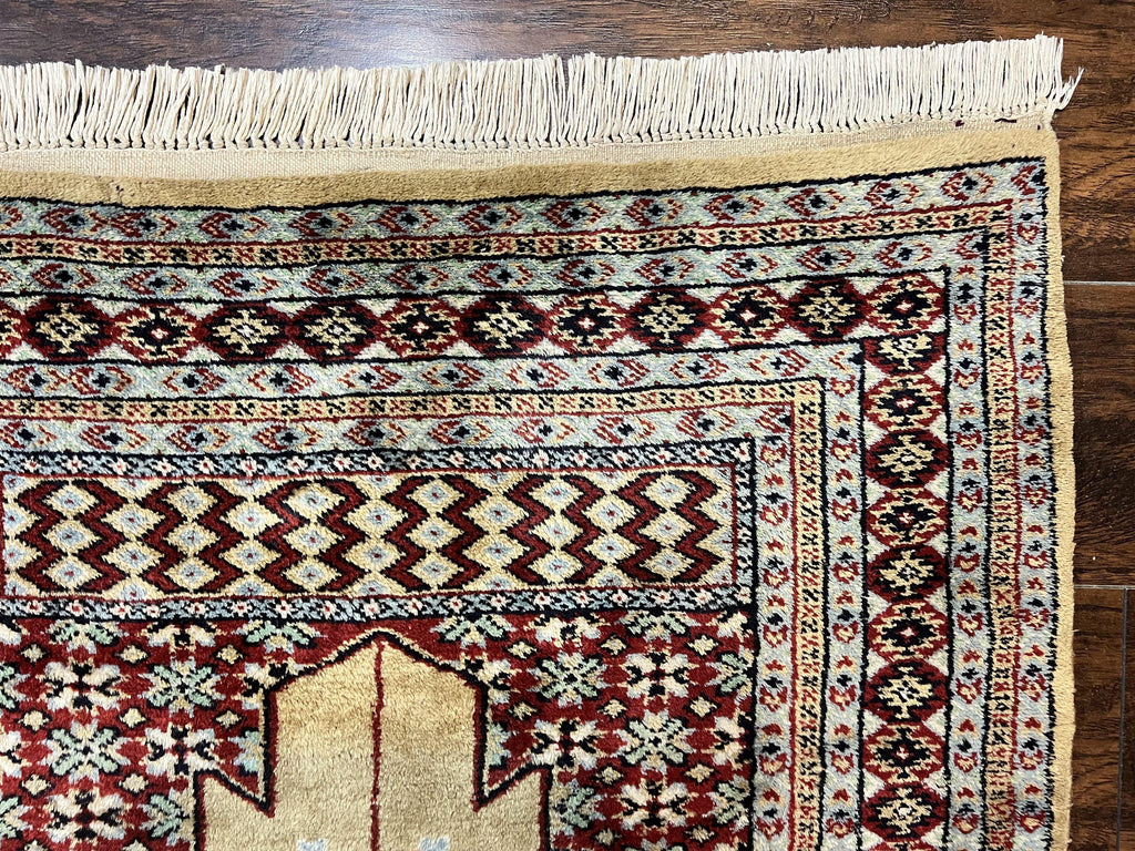Bokhara Prayer Rug 3x5, Pakistani Turkoman Carpet, Tan, Handmade Vintage Wool Carpet