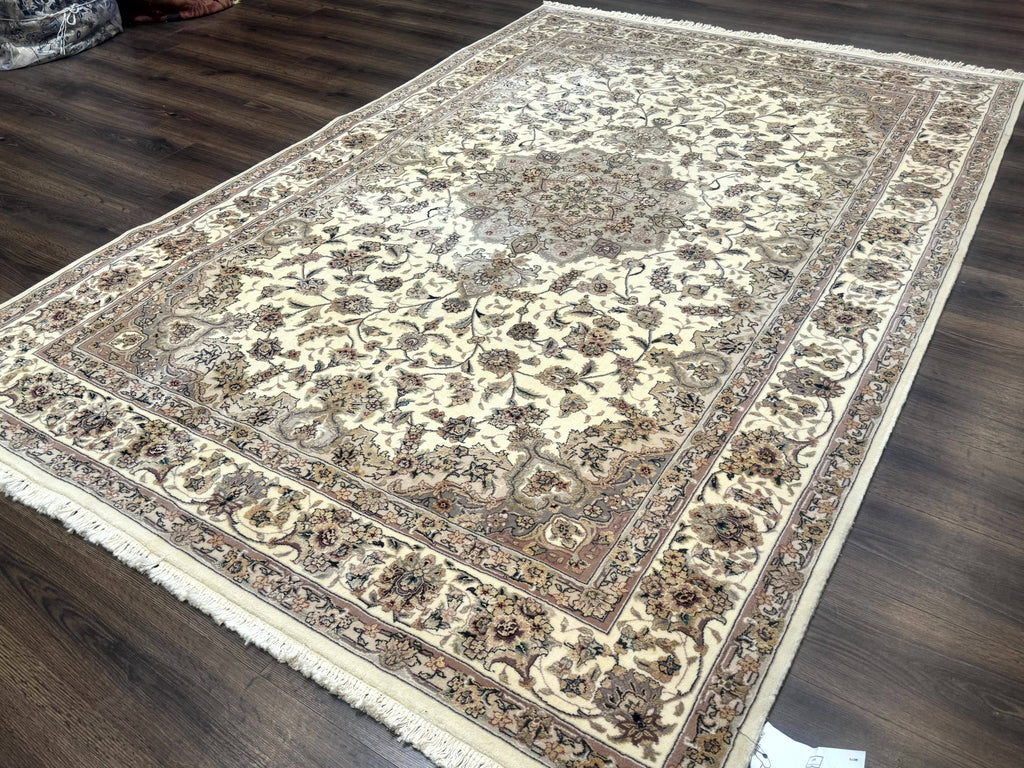 Sino Persian Rug 6x9, Floral Medallion, Ivory & Taupe, Wool with Silk Highlights, Fine 210 KPSI