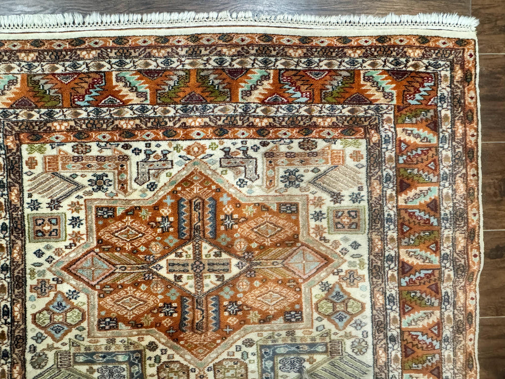 Turkish Kazak Rug 4x6, Geometric Medallions, Vintage Handmade Wool Carpet