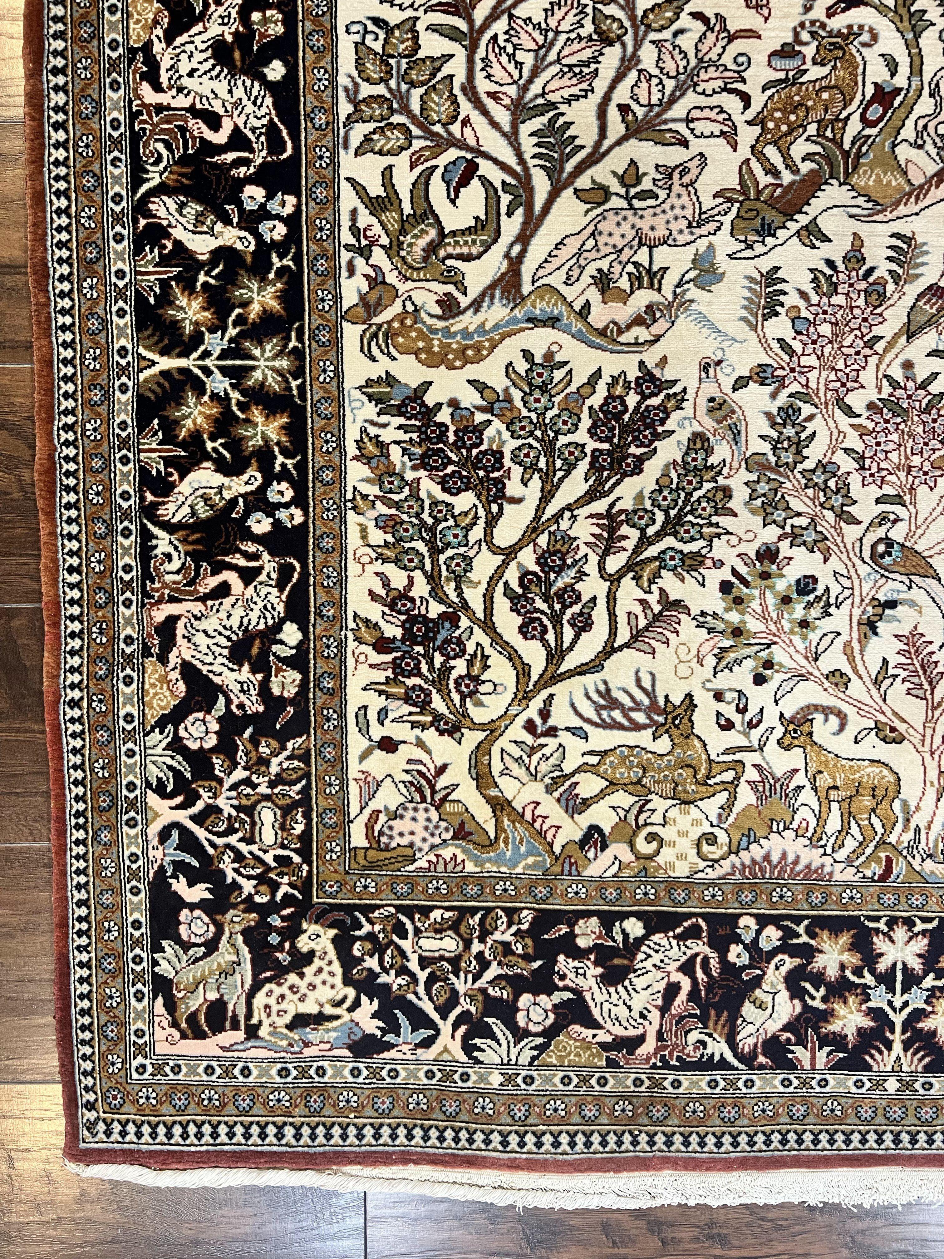 Persian Qum Tree of Life Rug 5x7, Wool and Silk Highlights, Animal Motifs, Vintage Hand Knotted Handmade Cream & Black Fine Oriental Carpet