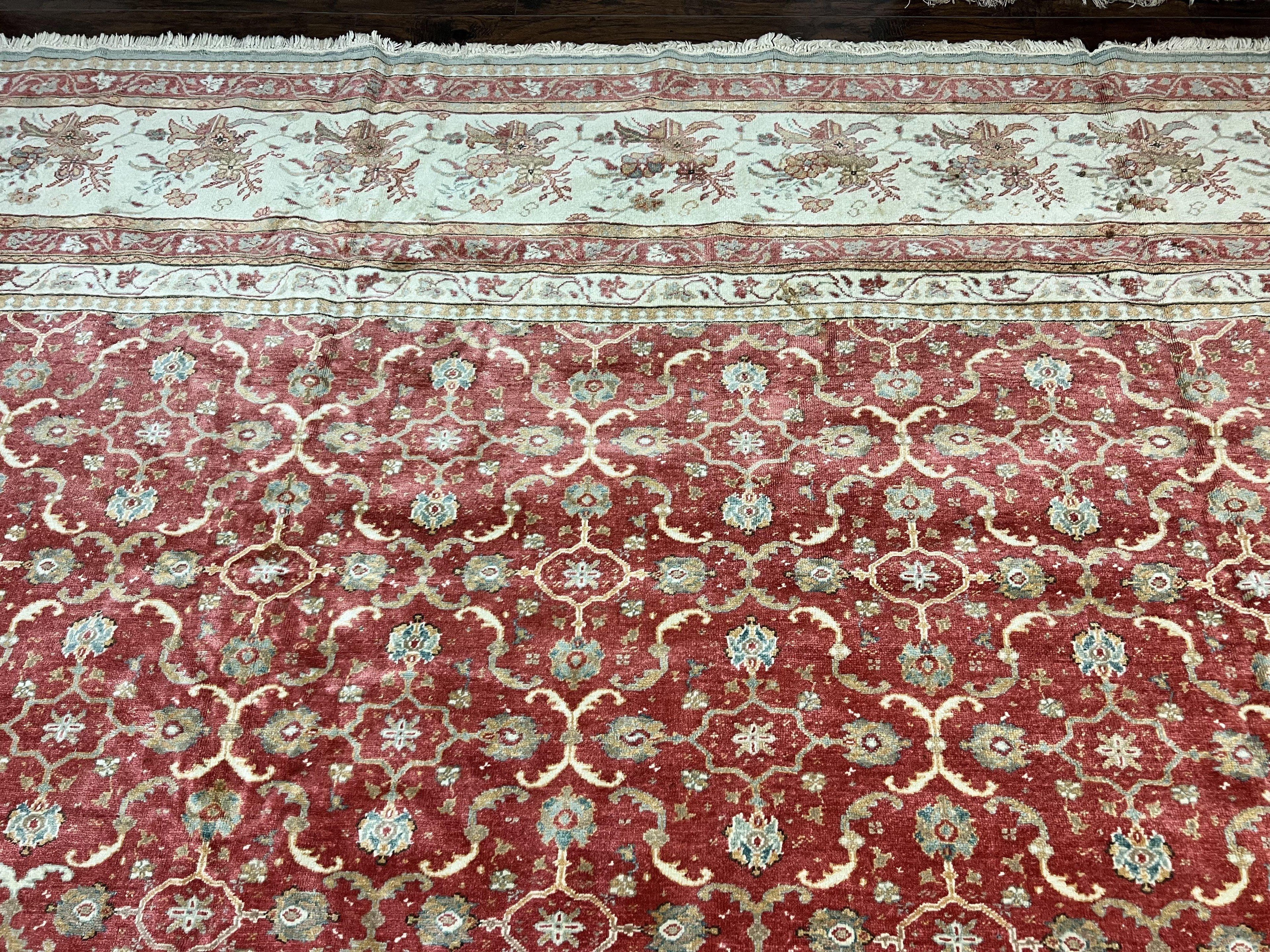 Turkish Oushak Rug 12x18, Wool Hand Knotted Vintage Carpet, Red & Oatmeal, 12 x 18 Palace SIze Handmade Oriental Rug