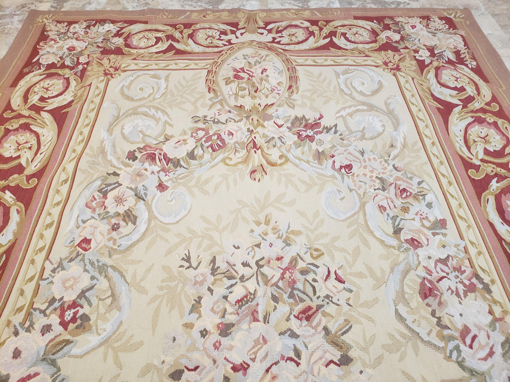 Aubusson Rug 6x9, Elegant Flatweave Rug, Aubusson Savonnerie 6 x 9 Flatweave Area Rug, Cream and Red, Wool Hand Woven Carpet, Medium Size